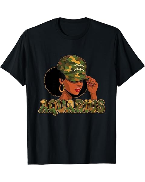 Aquarius Queen Aquarius Zodiac Sign Camo Afro Girl T-Shirt