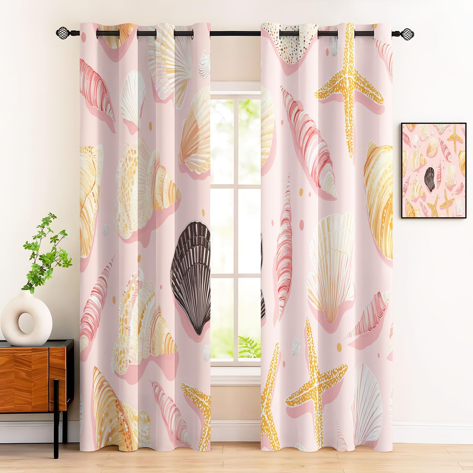 Rideau Occultant Thermiques Anti Froid Coquillage De Dessin Animé Imprimé 140Lx240H Cm Rideaux Opaques pour Salon Chambre, Jolie Illustration Design avec Oeillet Poudre Blush Lot De 2 De Cuisine