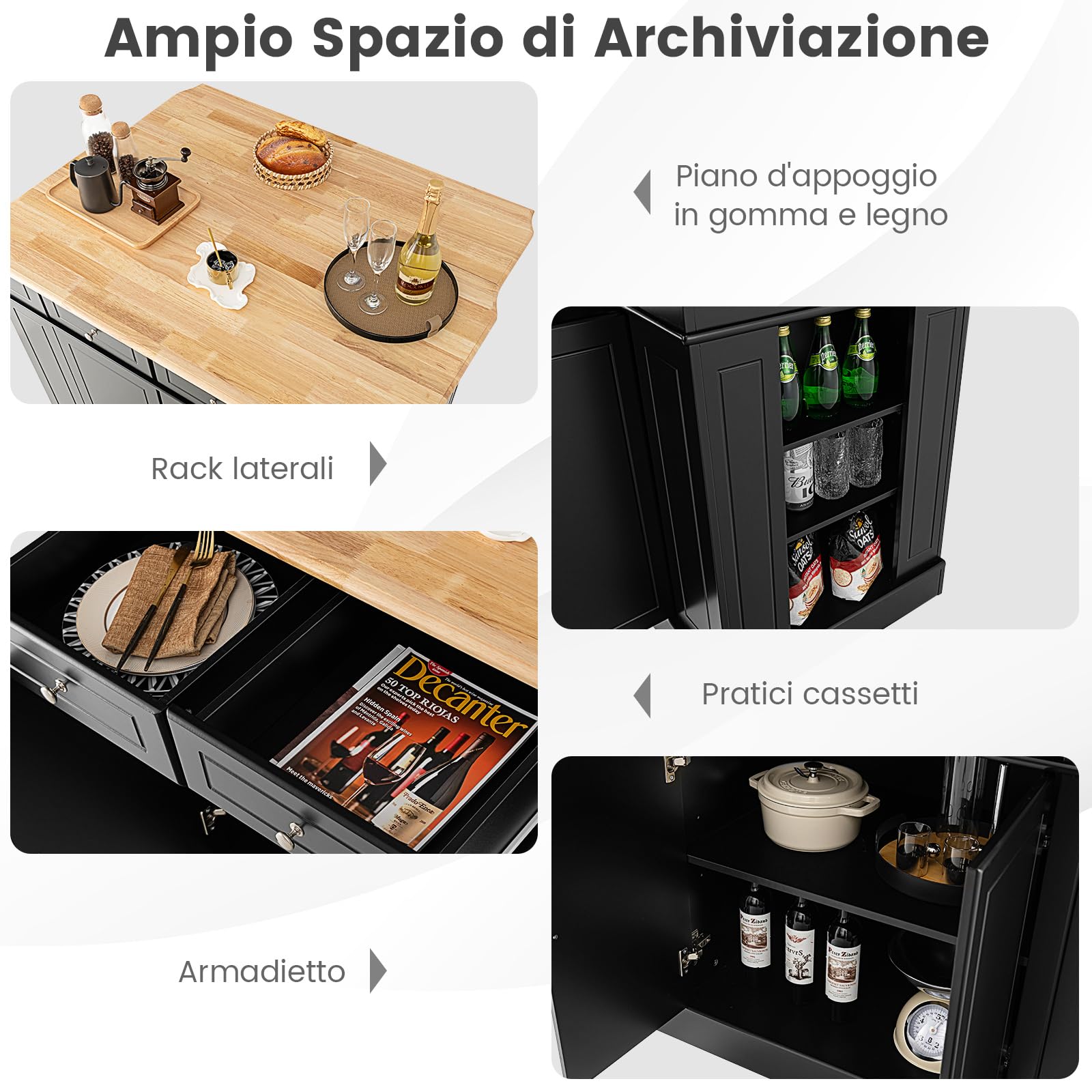 COSTWAY Credenza da Cucina in Legno, Isola da Cucina con Contenitore, con Ripiani Regolabili a 3 Livelli, 120 x 61 x 92 cm, Carico 200 kg (Nero)