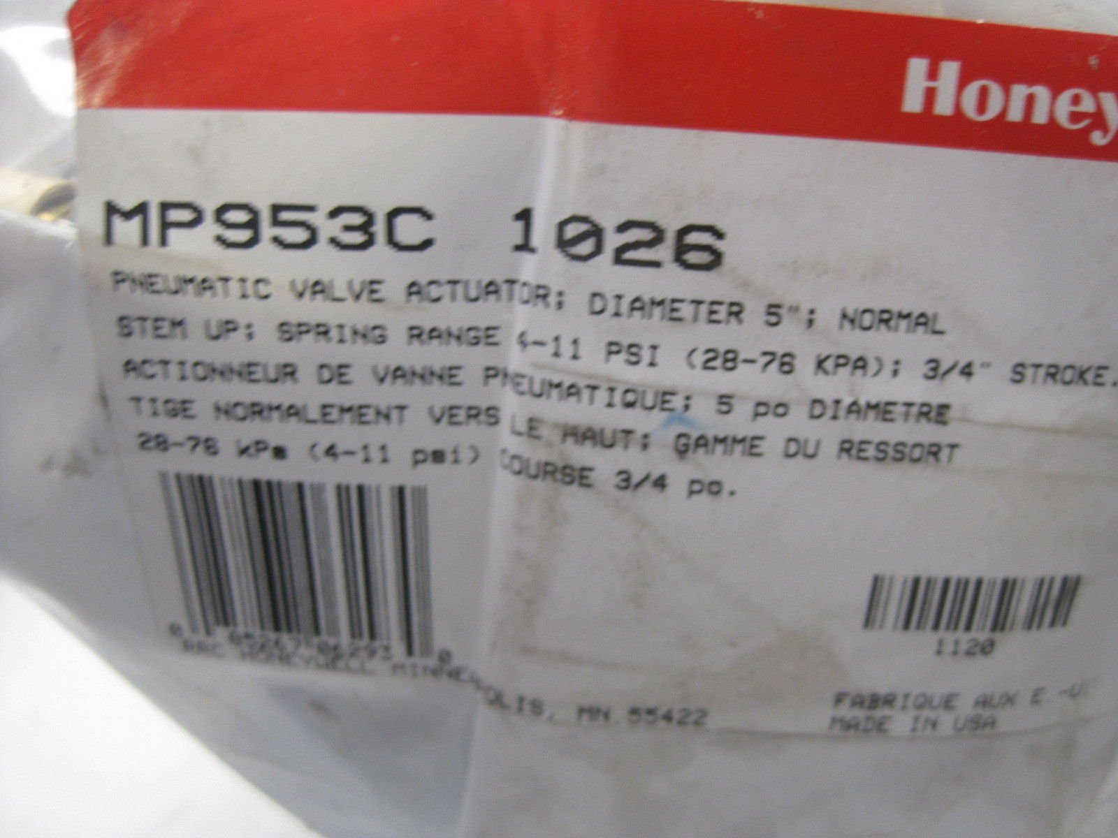 Honeywell MP953C1026 Valve Actuator, 4 to 11 psi