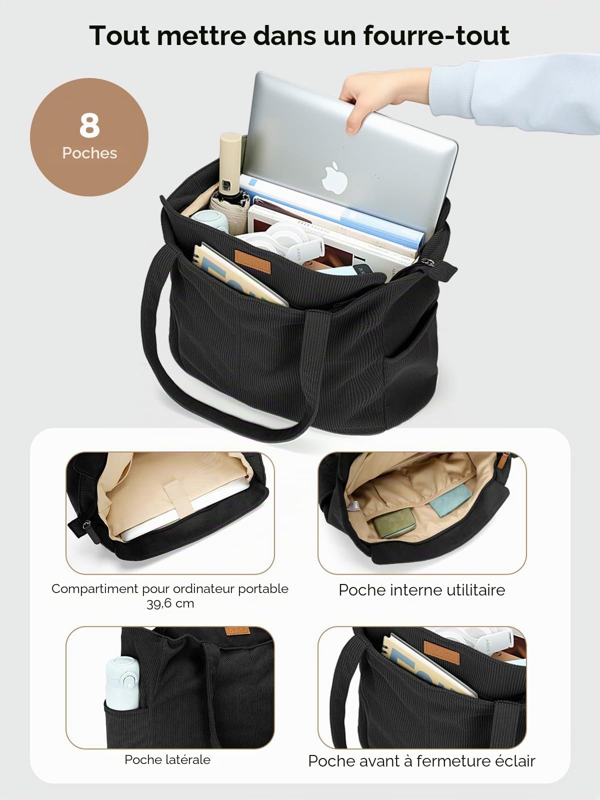 Lekesping Sac Fourre Tout Femme Grand en Velours Côtelé, Sac à Main Cabas Femme avec Fermeture Éclair, Sacs Bandoulière Ordinateur Portable 15,6 Pouces pour Plage Travail Cours Shopping Sport