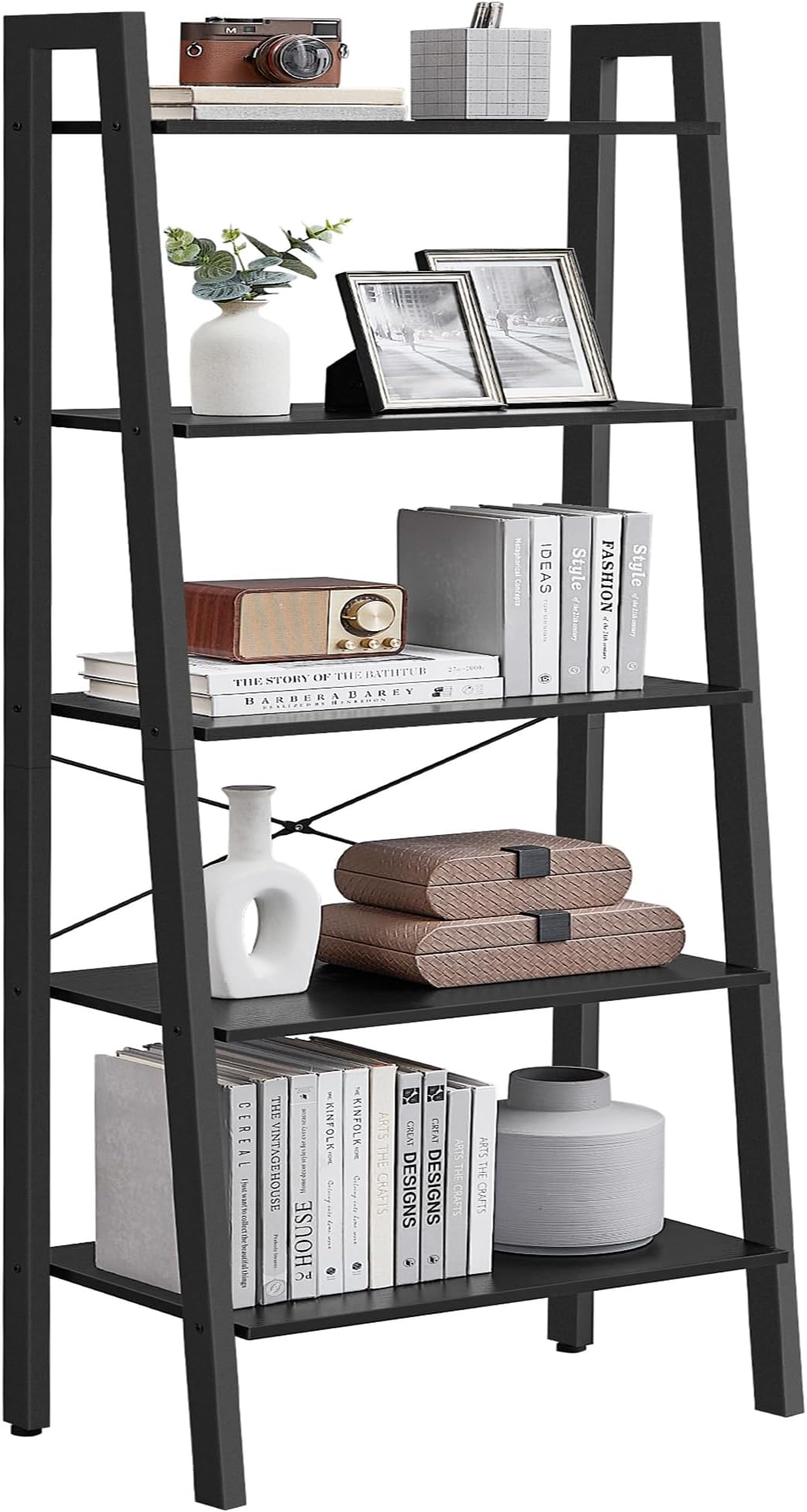 Ladder Shelf, 5-Tier Bookshelf, Storage Rack, Bookcase with Steel Frame, for Living Room, Home Office, Kitchen, Bedroom, Industrial Style, Ebony Black and Ink Black ULLS045B56