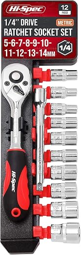 Hi-Spec 12pc 1/4" Metric Socket Set with 72 Teeth Ratchet Drive Socket Handle with Quick Release Function, 5-14mm Socket Sizes...