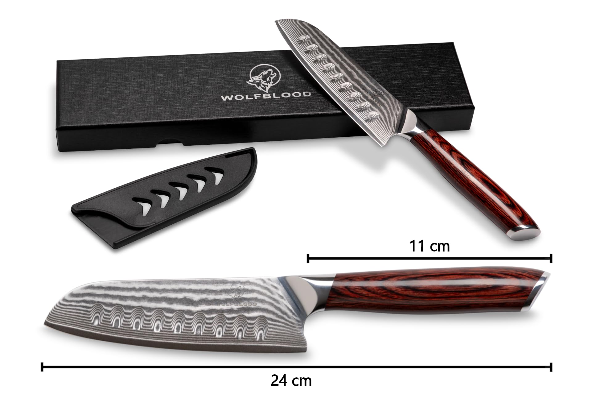 Wolfblood Damastmesser Santoku Messer L(24cm) TÜV geprüfter 62 HRC Damaststahl aus 67 Lagen I Damast-Küchenmesser Santokumesser mit Kirschholzgriff Geschenkbox und Klingenschutz