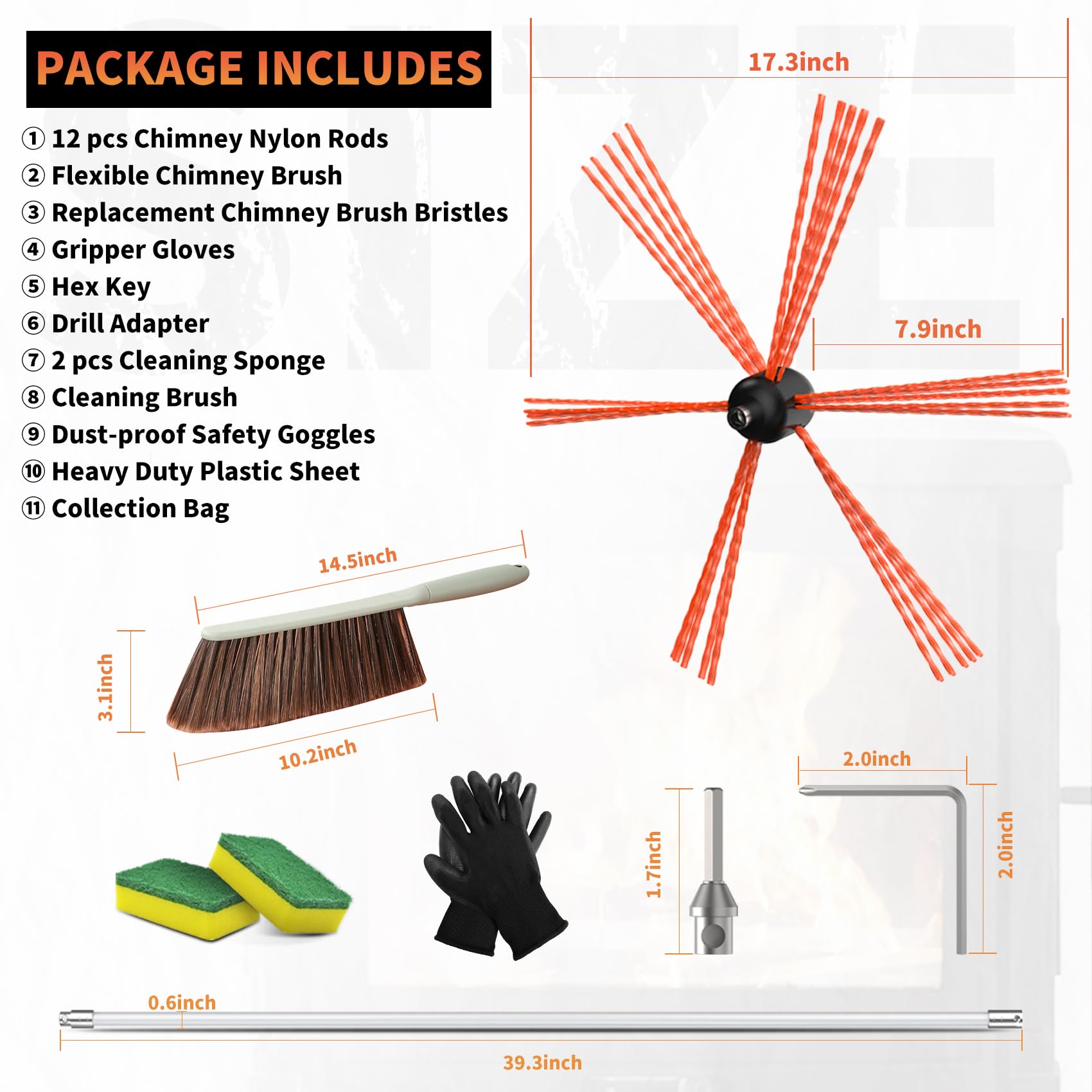 Sealegend Kit de limpieza de chimenea de 39 pies, kit de limpieza de chimenea y sistema giratorio de limpieza de chimenea con 12 varillas flexibles de nailon