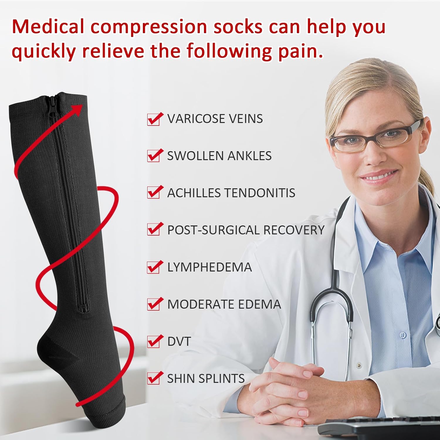 Ailaka 3 Pairs Compression Socks with Zipper, 15-20 mmHg Medical Knee High Compression Socks for Men Women, Open Toe Socks for Varicose Veins, Edema, Recovery(Black, L-Xlarge)