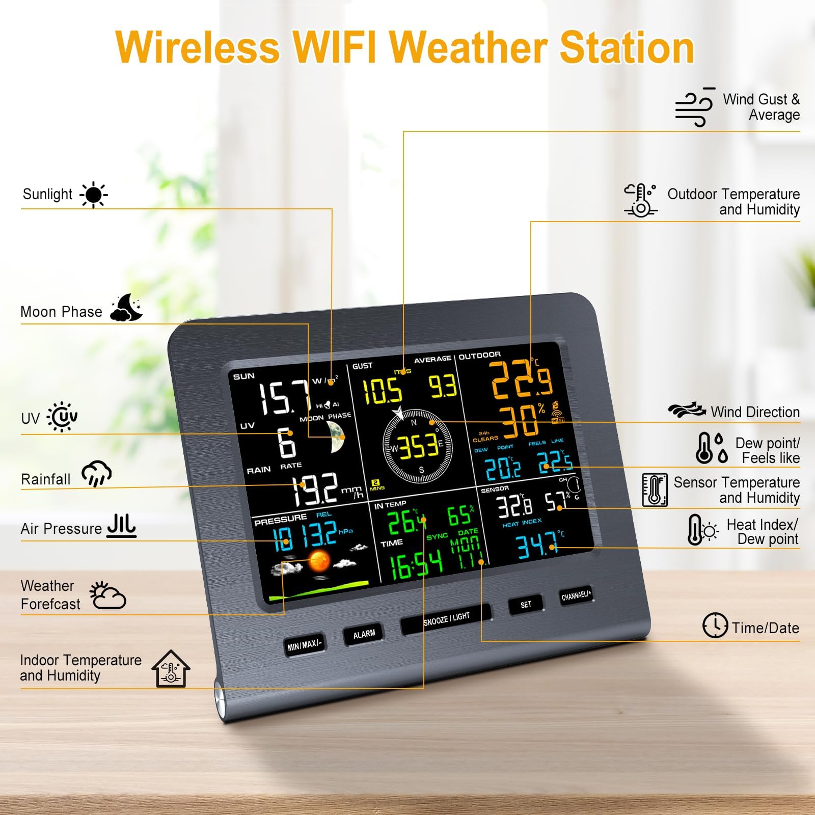 Bezprzewodowa stacja pogodowa WiFi do użytku wewnątrz i na zewnątrz, monitor pogody 7 w 1 z deszczomierzem i anemometrem prędkości/kierunku wiatru, temperaturą, wilgotnością, ciśnieniem barometryczn