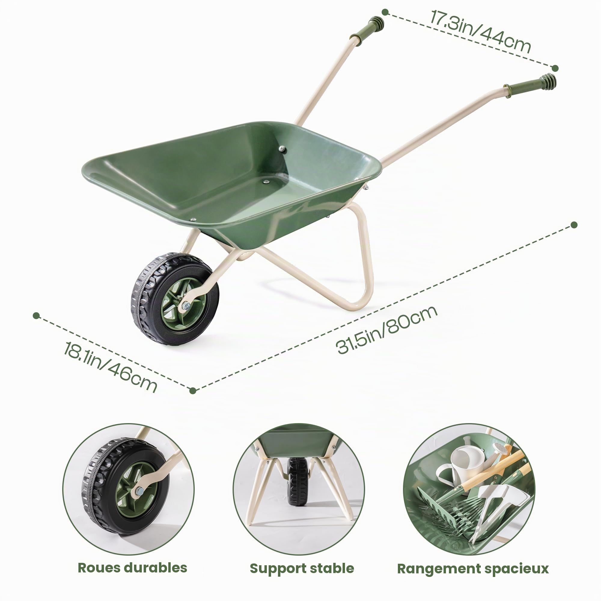 ROBOTIME Brouette en métal pour enfants avec outils de jardin, vert, à partir de 3 ans | Avec arrosoir, outils de plantation, panneaux de plantation et poignées en bois réglables pour jardin, cour et bac à sable