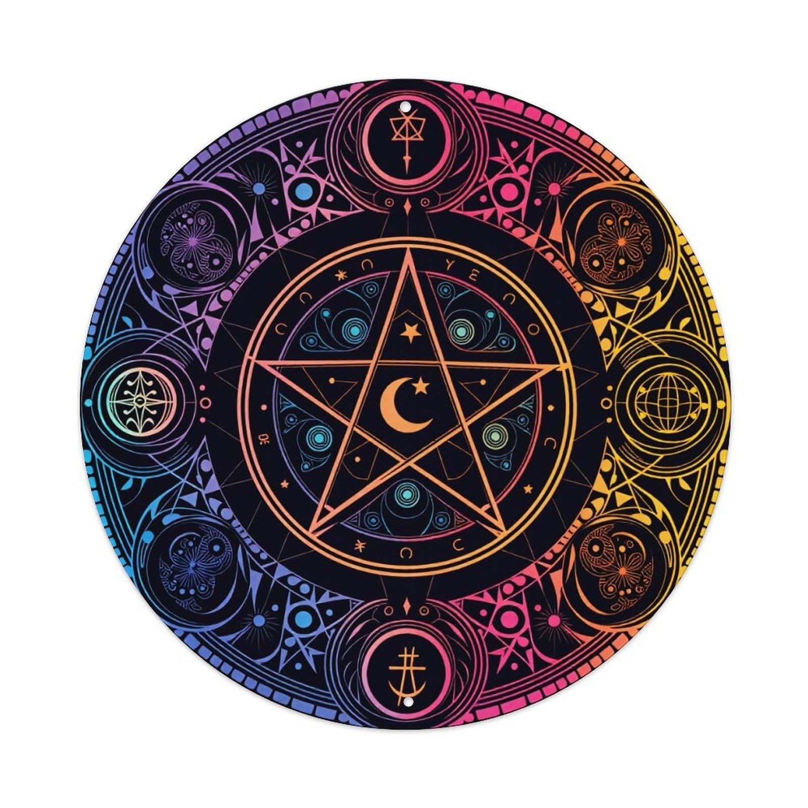 Mystic Pentagram With Moon Stars And Cosmic Symbols Round Vintage Tin Sign,Retro Wall Art,Metal Poster for Home, Bar, Garage, Cafe, Rustic Indoor & Outdoor Decor, 8x8 Inches