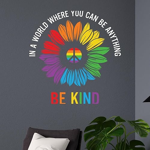 Miniatura 2 de Calcomanía de vinilo extraíble con texto en inglés "Be Kind Peace" con diseño de orgullo gay, diseño de girasol, arco iris, decoración del hogar