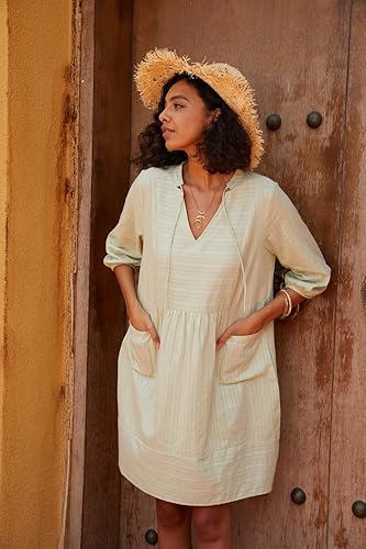 Miniatura 5 de Lafural - Vestido de algodón para verano con cuello en V para mujer, estilo casual, holgado, con manga 34 y bolsillo