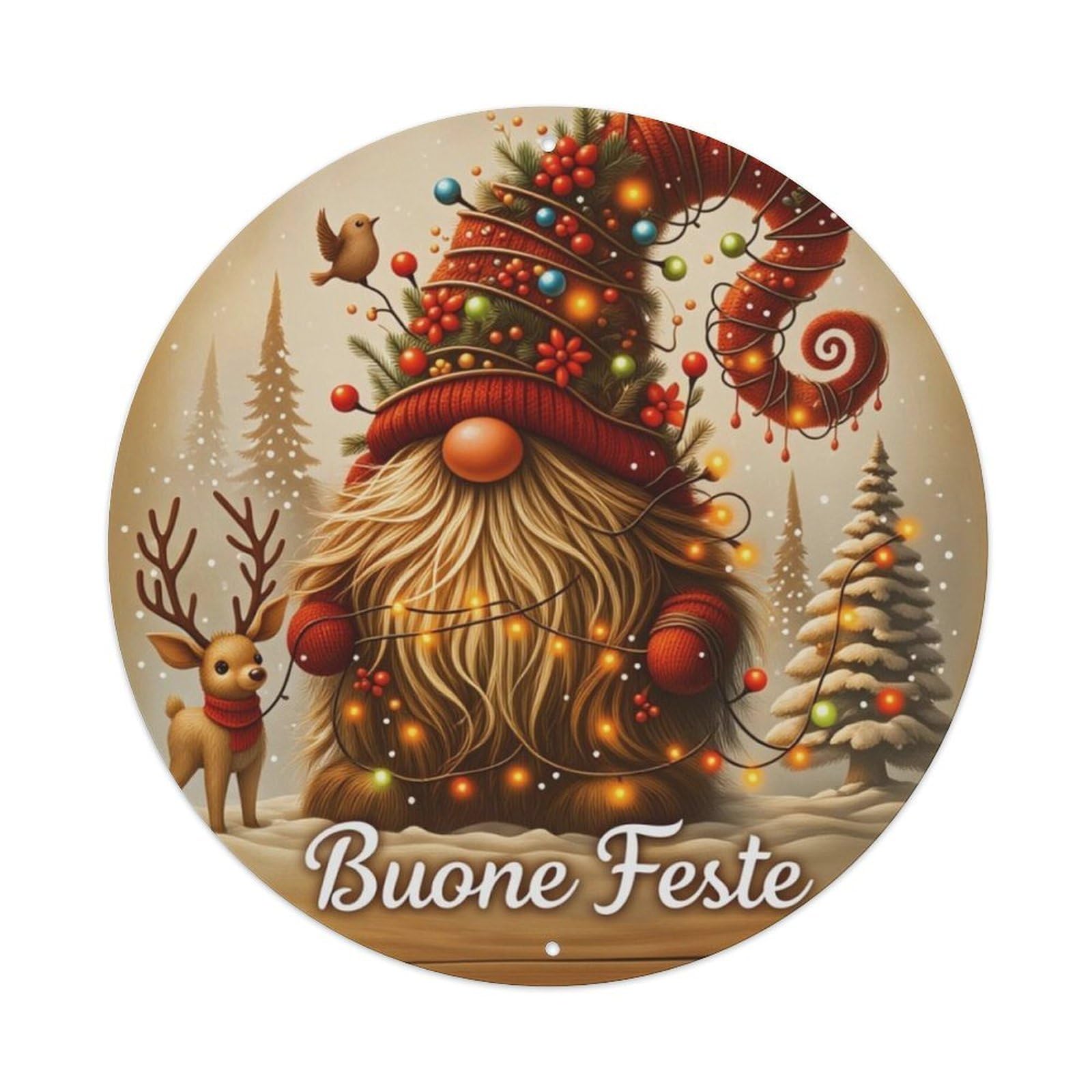 Italian Buone Feste Gnome Reindeer Round Decor Sign Vintage Aluminium Metal Sign, Retro Wall Decor for Home, Bar, Garage & Farmhouse 20x20cm