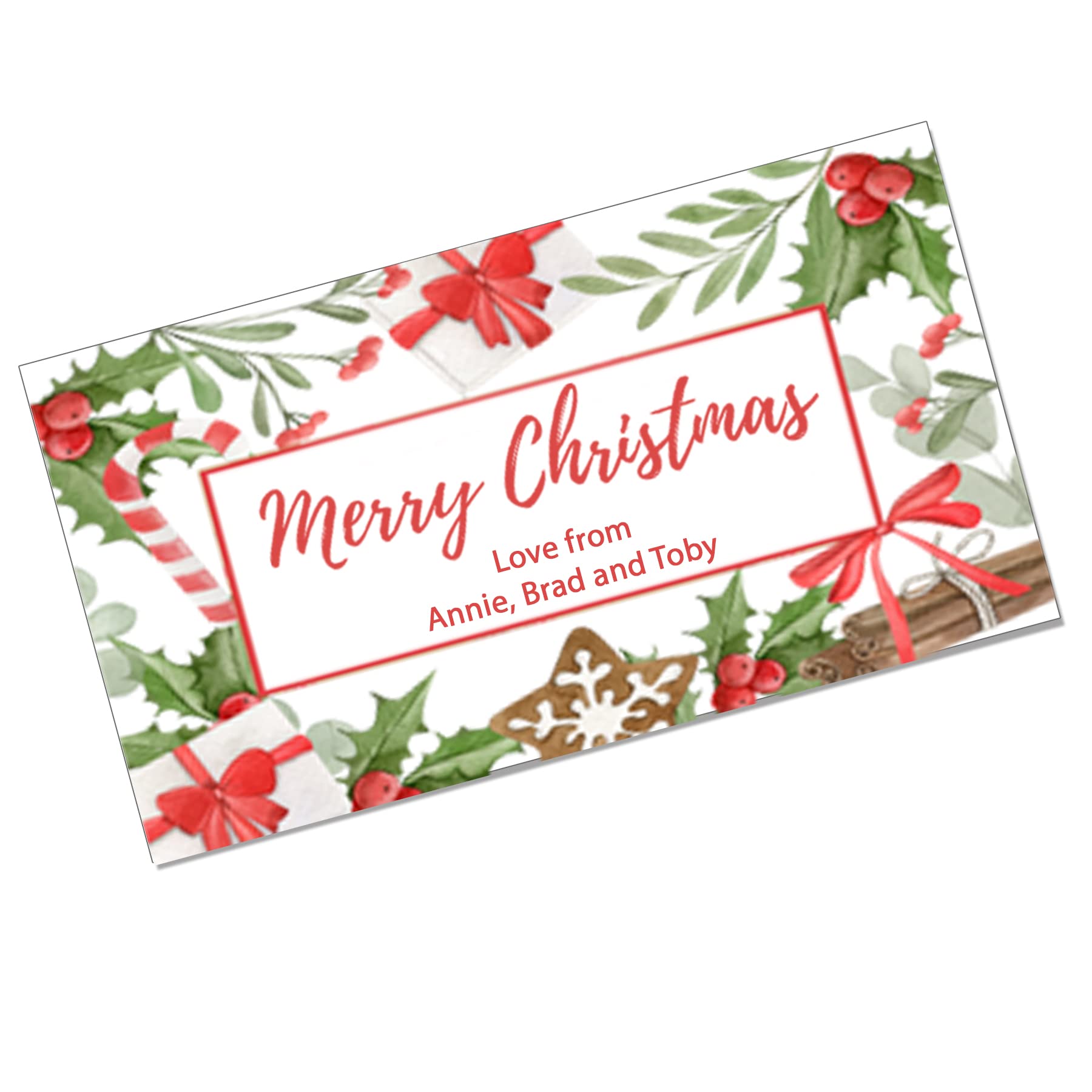 Treasured Forever 24 Personalised Christmas Wreath Stickers Gift Tag Labels Present Delivery From Santa (Festive Rectangle)