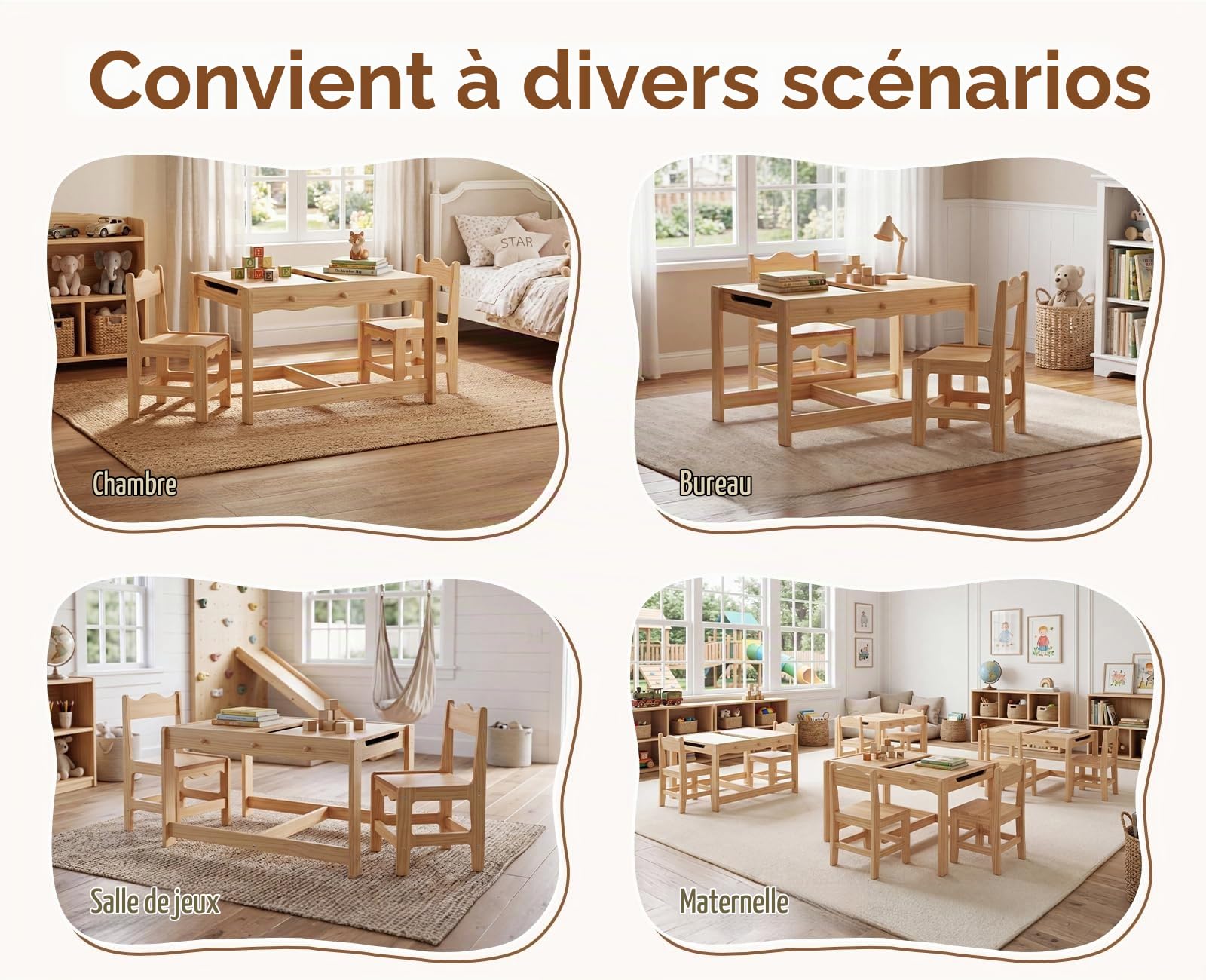 chairus 3 en 1 Table Enfants avec 2 Chaises, Réversible à Double Face avec Tableau Noir, Grand Rangement caché, Crochets latéraux, Coins arrondis, Table pour Dessiner Apprendre Bois Naturel