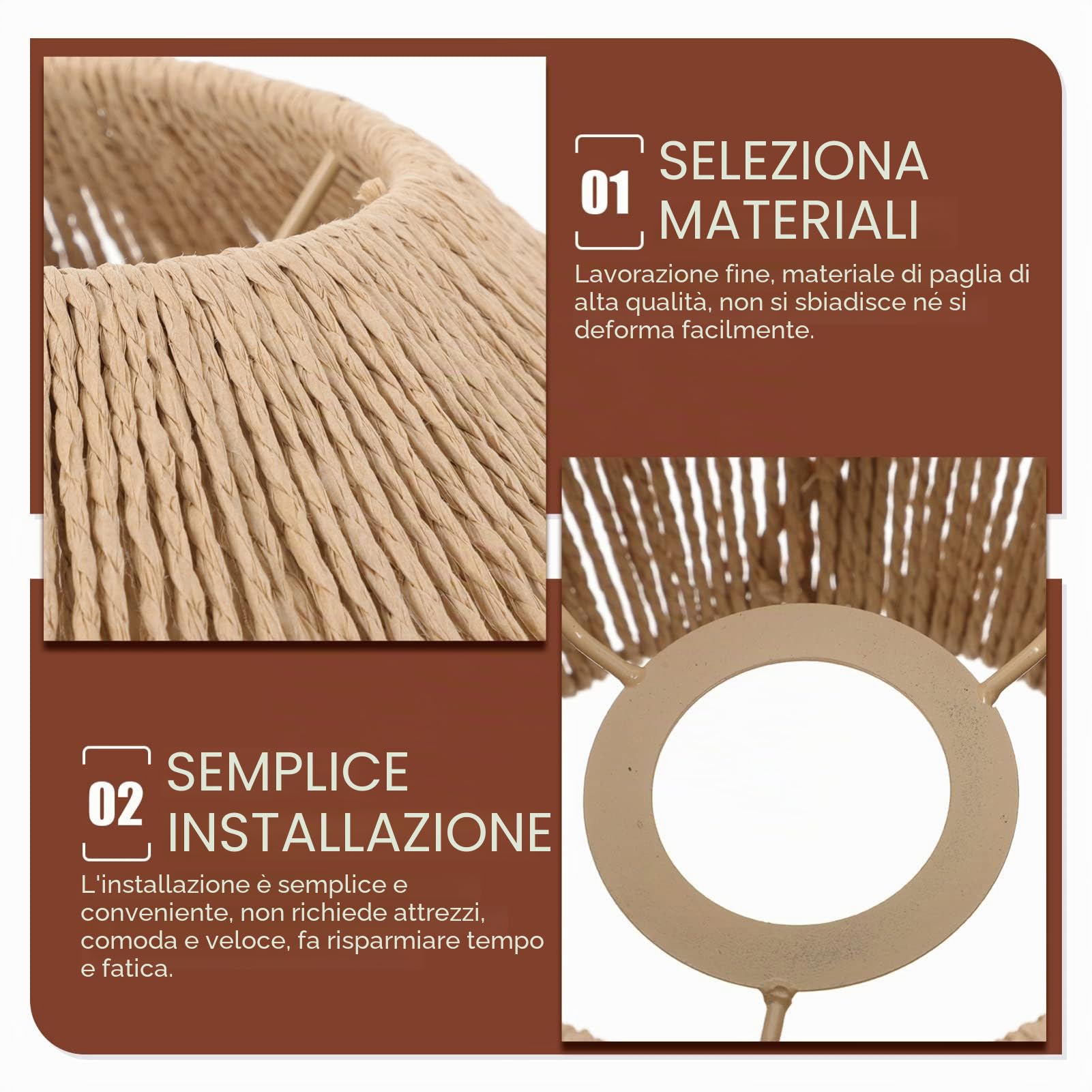 Uonlytech Paralume Lampada a Soffitto Intrecciato in Rattan Plafoniera Retro Paralume Cordato Per Lampade E27 Decorazione Interni Casa Soggiorno