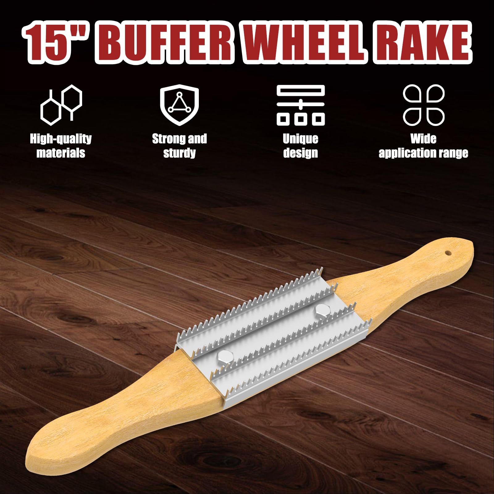 Buffing Wheel Rake for Drill, 15 inch Sturdy Polishing Wheel Rake with Spare Steel Rakes Tooth, Durable Polishing Rakes with Wooden Handle, Remove and Clean Compounds (with Spare Steel Tooth)