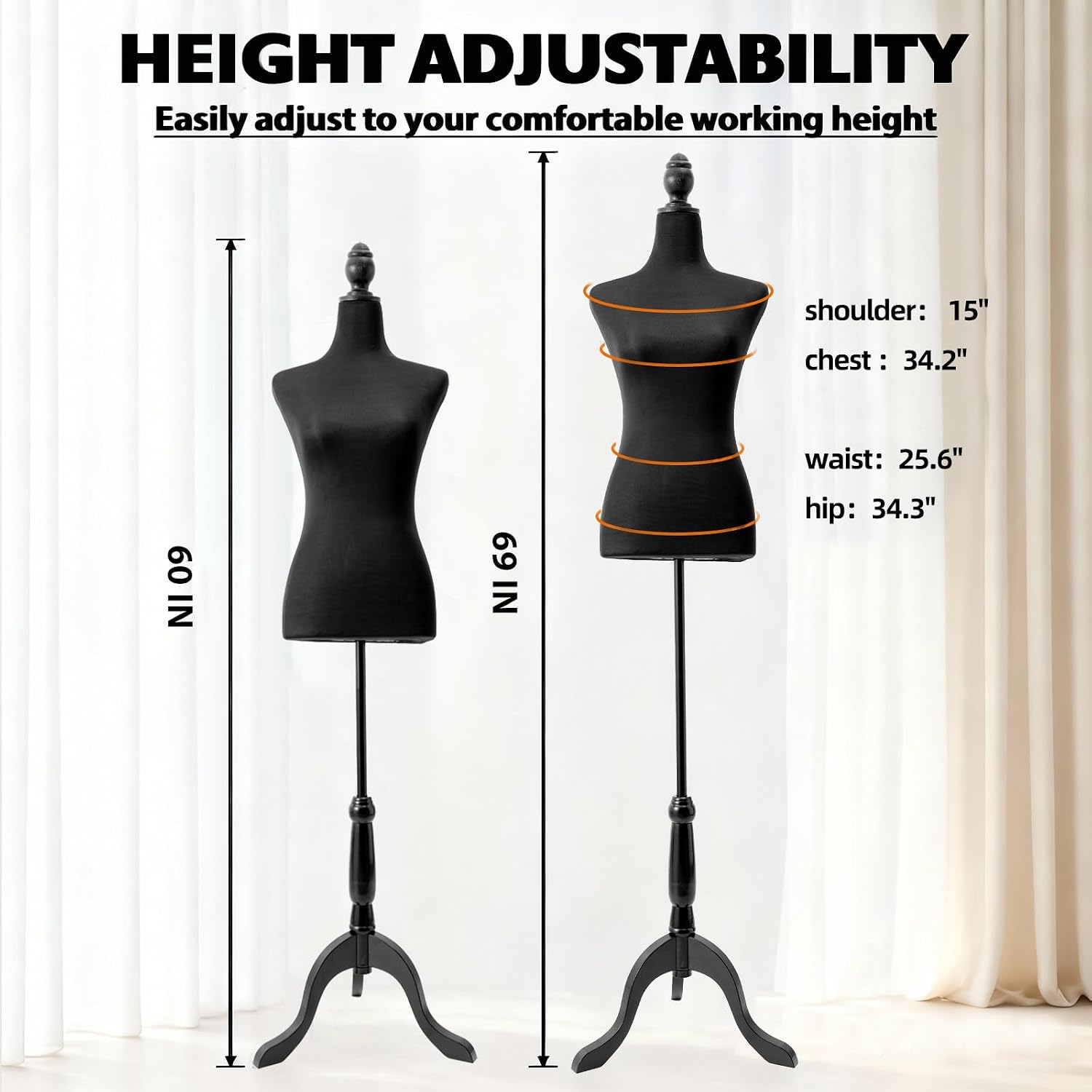 Adjustable Female Dress Form， Pinnable Mannequin Torso with Tripod Stand for Display