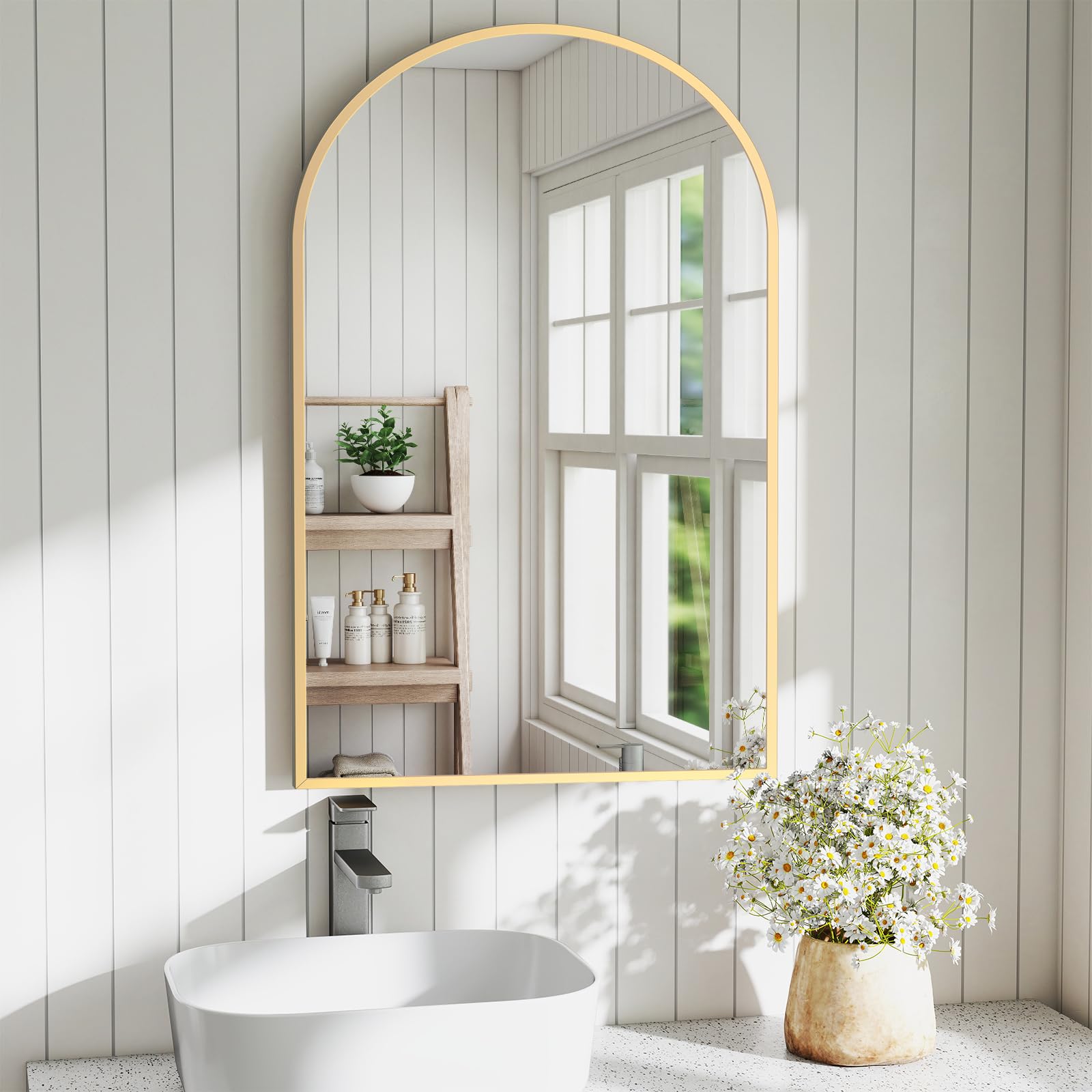 DUMOS Gold Metal Arch Vanity Rounded Rectangle Bathroom Mirrors for Over Sink Wall, 24x37 Inch Large Matte Mirror, Modern Decorative for Restroom, Farmhouse