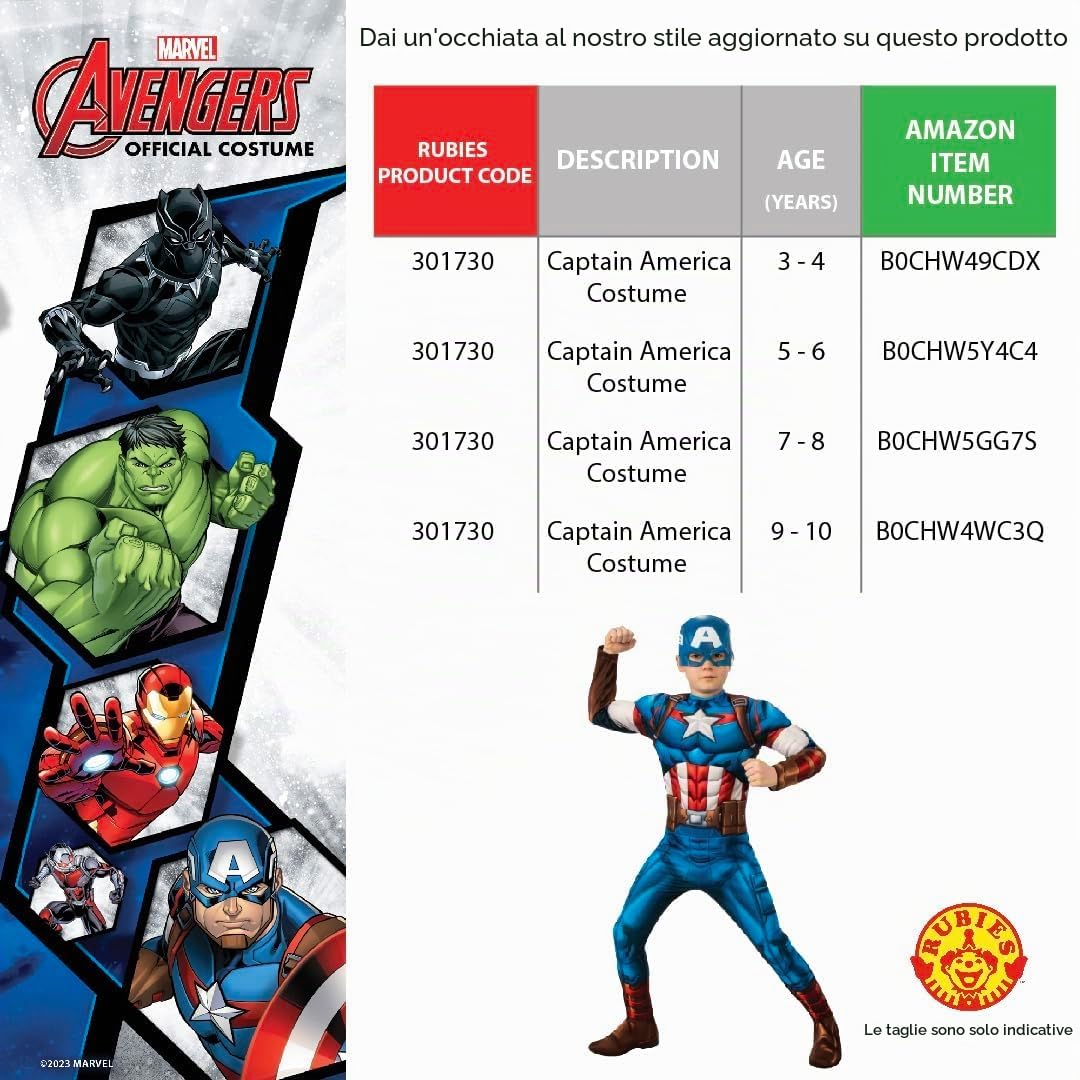 Rubie's - Costume classico ufficiale di Captain America da bambino, taglia S da 3 a 4 anni, blu, I-702563XS