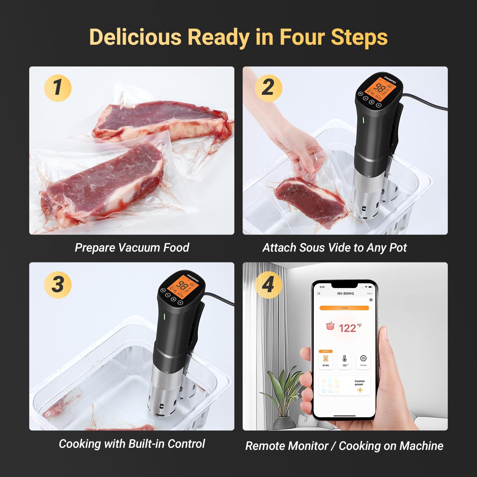INKBIRD 2.4G Wifi Sous Vide Cooker ISV-200W, 1000W Sous Vide Machine, Remote Control Immersion Circulator with APP Recipes Timer Alarm Mobile Notification 3D Water Heating Ultra-Quiet