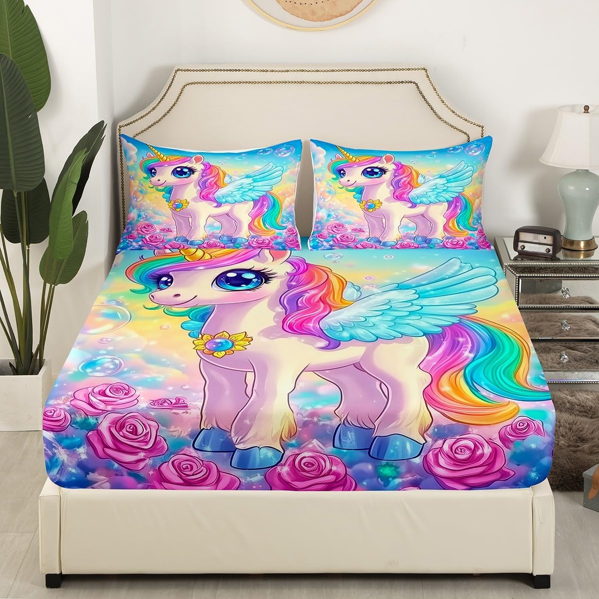 Girly Unicorn Fitted Sheet Full Size Kawaii Magical Animal Bedding Set for Kids Girls Teens Romantic Rose Flower Bed Sheet Set Rainbow Hair Dreamy Bed Cover Room Decor,No Top Sheet