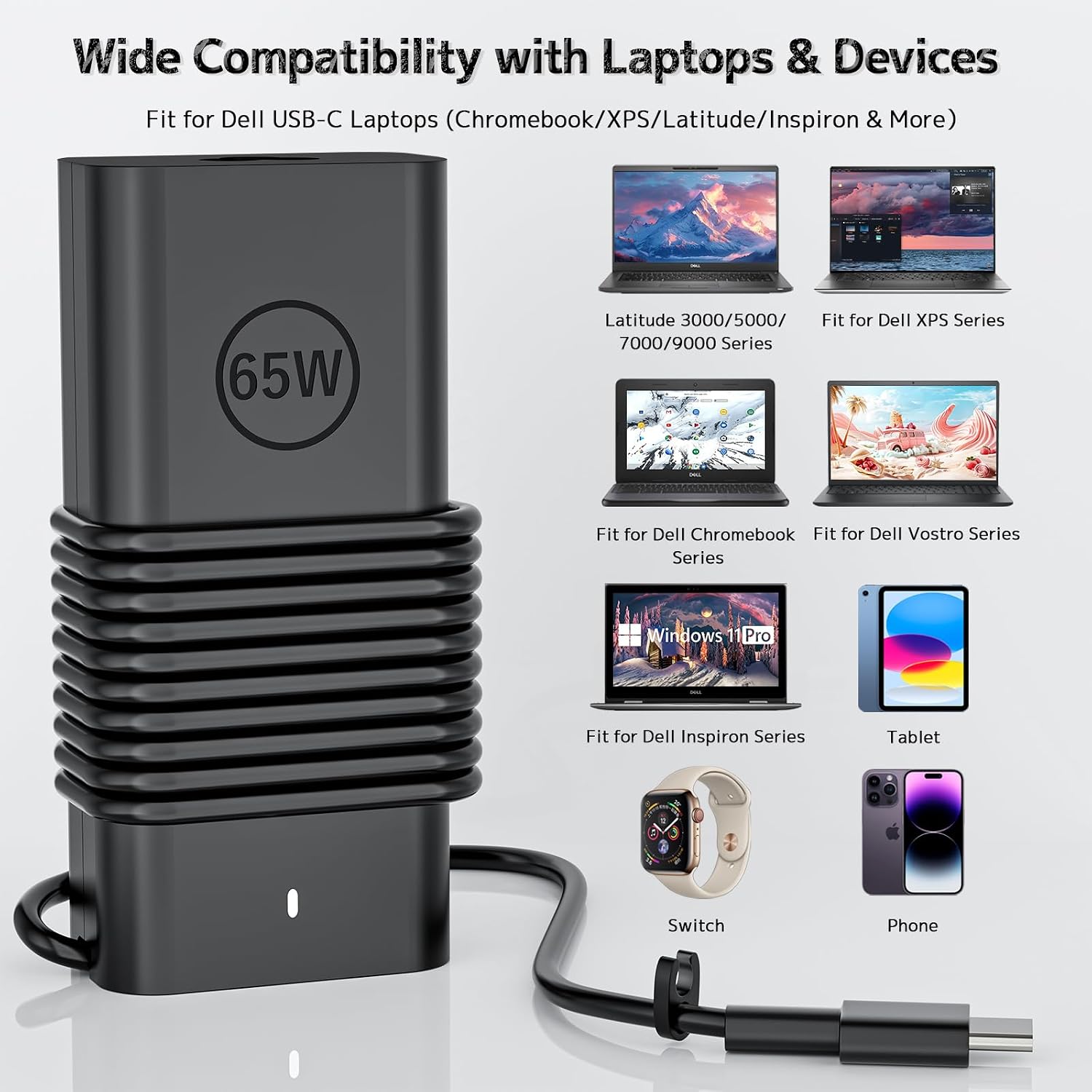 Slim 65W USB Type C Laptop Charger Compatible with Dell Computer, Latitude 5420 5430 5440 5450 5550 5520 7320 Inspiron 14 7425 16 7620 Chromebook 3100 3400 XPS 13 7390 2-in-1 Adapter (USB-C)