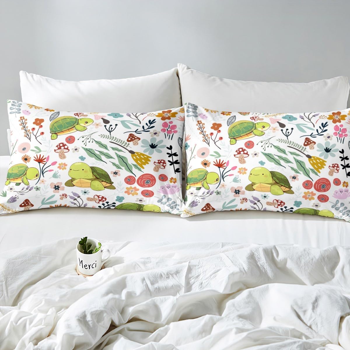 Erosebridal Kawaii Sea Turtle Full Sheet Set for Boys,Mushroom Floral Sheets Cartoon Animal Bed Sheets Set for Girls Kids Children,Watercolor Flowers Leaves Toddler Bed Set Cute Room Decor