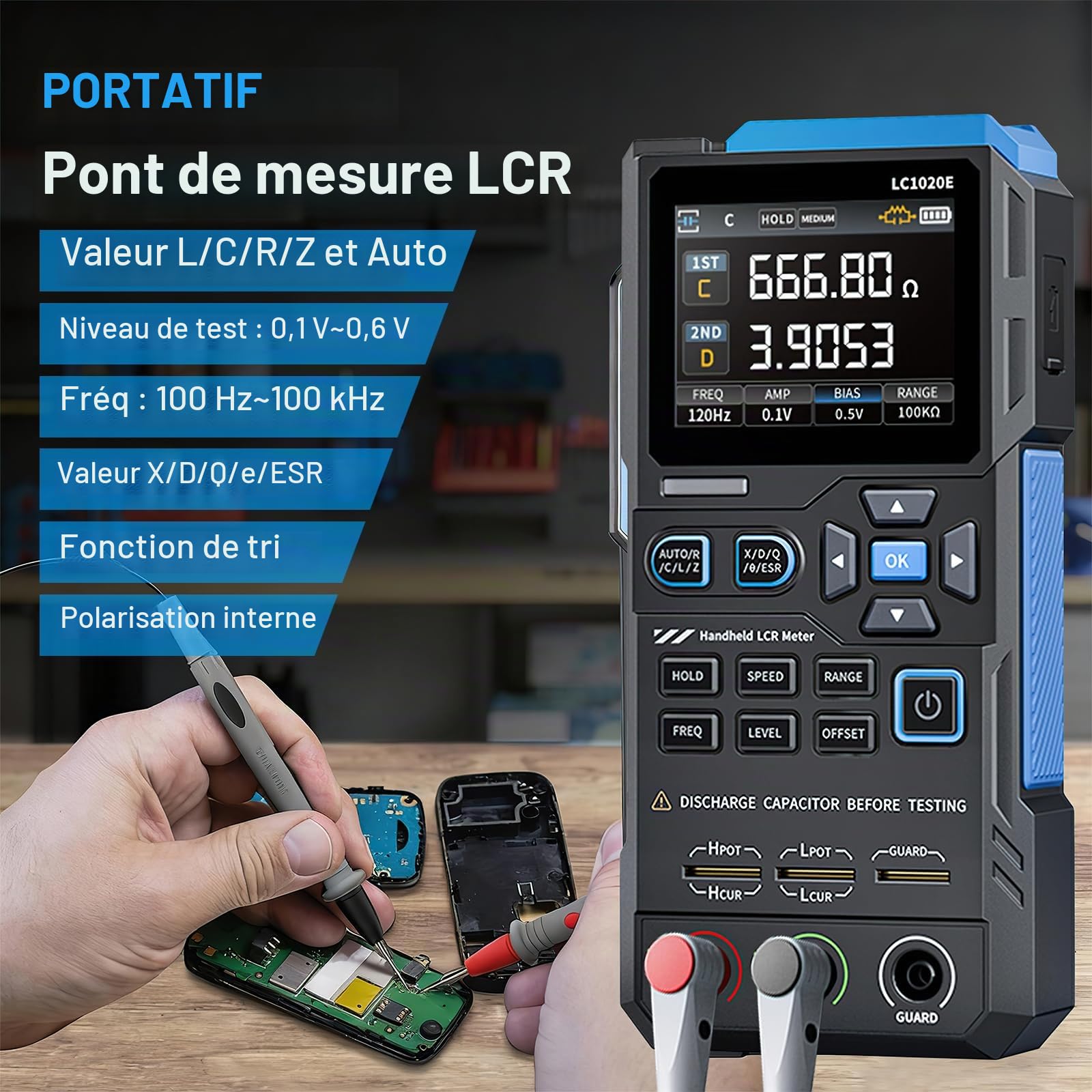 DEWIN Testeur numérique LC1020E, pont LCR portable, testeur de condensateurs, mesure de capacité, de résistance et d'inductance, fréquence réglable de 100 Hz à 100 kHz, verrouillage des données
