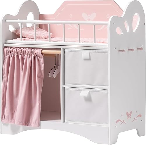 ROBUD Cuna de muñeca de bebé, cama de madera para muñecas con almacenamiento y ropa de cama, cuna de bebé de juguete para niños, camas de muñeca de