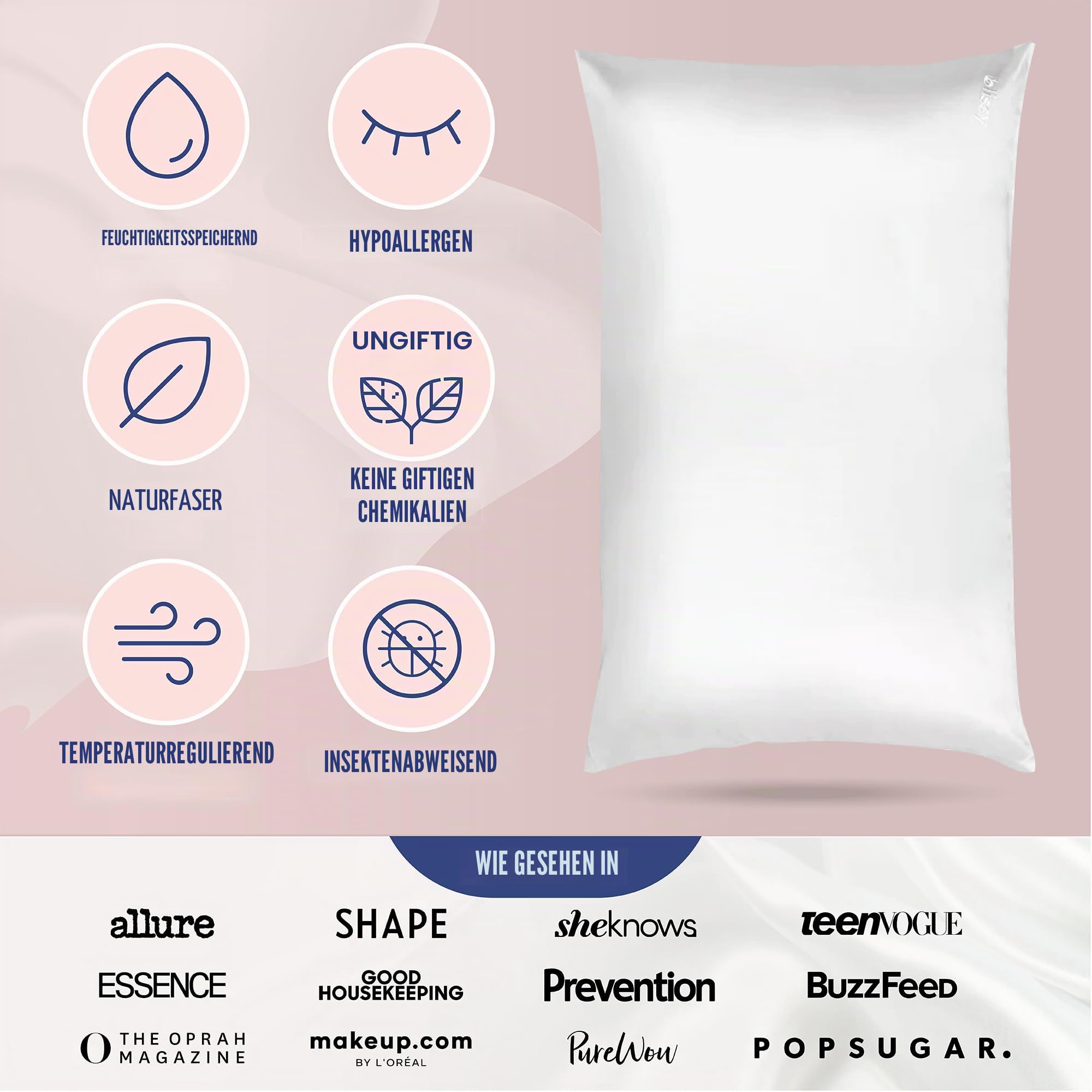 Blissy Seidenkissenbezug – 100% Reine Maulbeerseide – 22 Momme 6A hochwertige Fasern – Satin-Kissenbezug für Haar und Haut – Regular, Queen & King mit verstecktem Reißverschluss