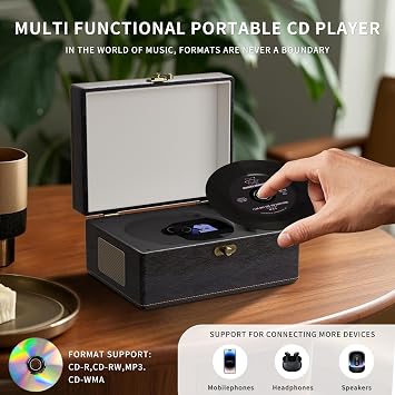 Yintiny Retro Portable CD Player with Bluetooth Connection, Leather Look