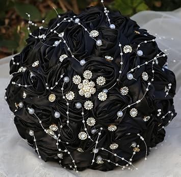 Ujicde Romantic Wedding Bouquet Bridal Bridesmaid Round Bling Brooch Bouquet Throw Toss Artificial Rose Flower Bunch with Sparkle Rhinestone Crystal DecorationBlack,Dia. 6.3"*16cm