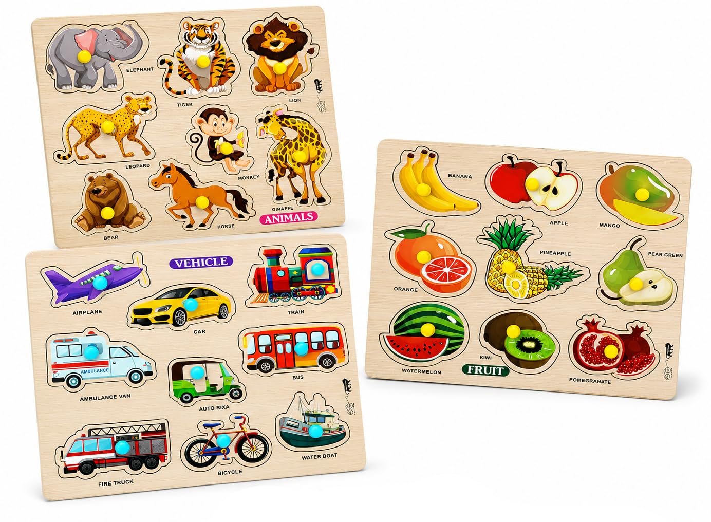 Wooden Knob Puzzle Set for Kids 2+ Years | Montessori Educational Learning Toys with Fruits, Animals & Vehicles | Wooden Puzzle Board for Toddlers Boys & Girls | Preschool Learning Gift-image-11