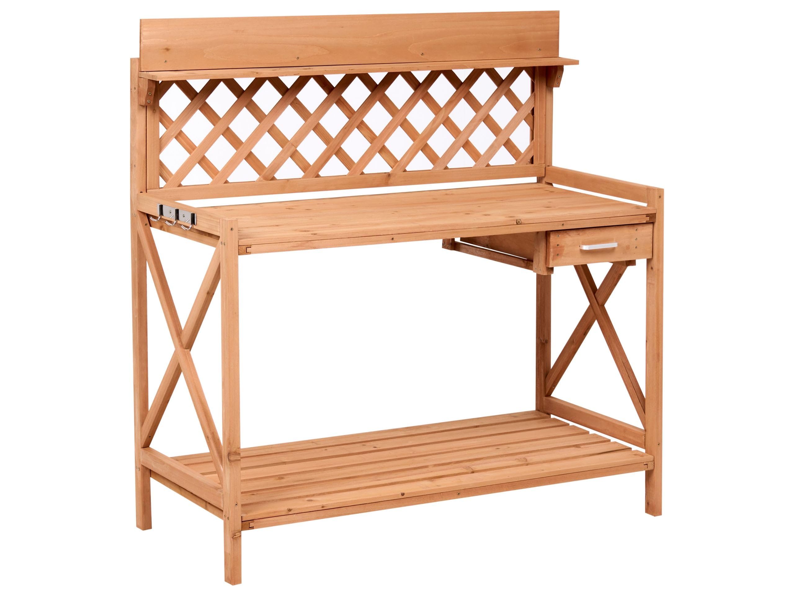 Table de Rempotage Style Rustique avec Tiroir et Crochets en Acier Rangement de Jardin Bois de Sapin Marron Clair Sperlinga