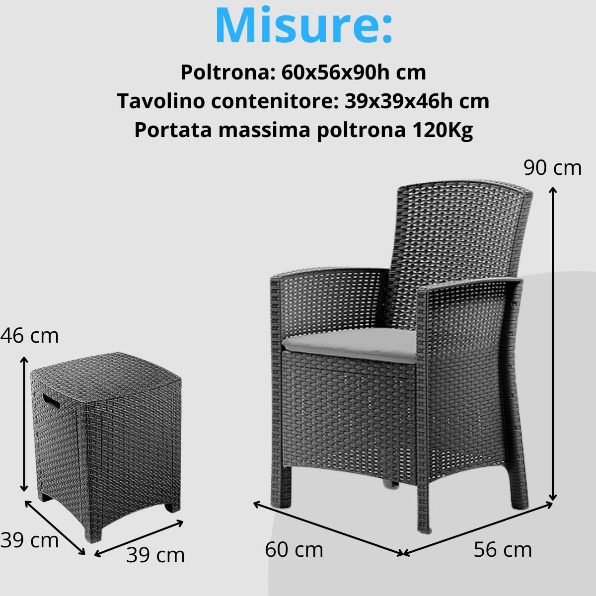 Tomaino - Salotto Da Giardino In Plastica Rattan Con Cuscini Sfoderabili Per Esterno - Set Balcone, Terrazzo Tavolino Con Sedie Resistenti Nero