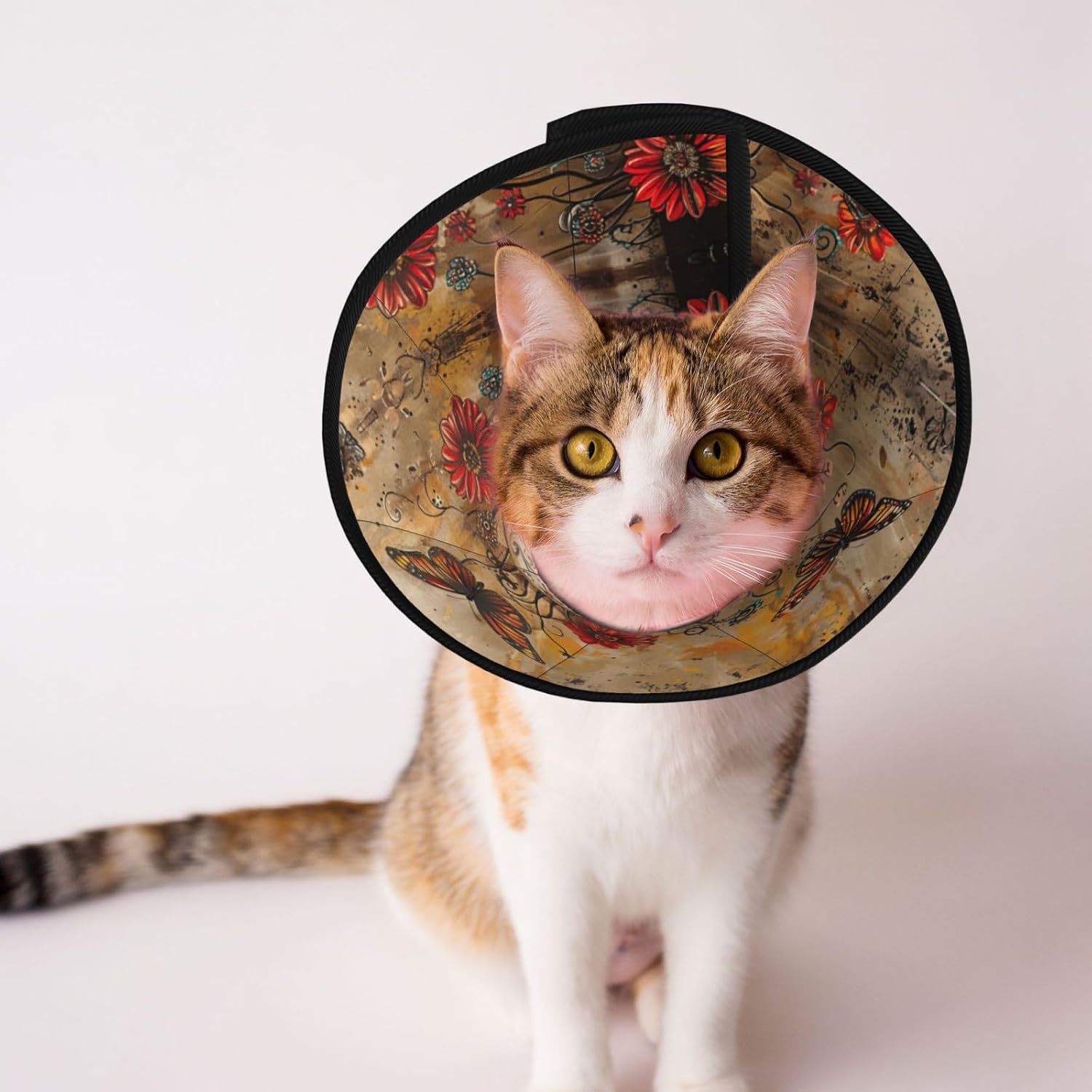 Sugar Skulls Butterfly Print Cat Cone Collar, Adjustable Elizabethan Collar, Soft Dog Recovery Collars, for Small Large Cats