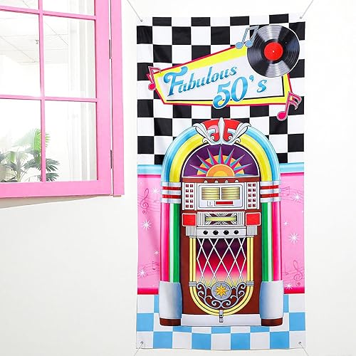 Miniatura 6 de VitalCozy Decoraciones de fiesta de los años 50 de 71 x 35 pulgadas, decoración retro de los años 50, cubierta de puerta de fiesta de rock and roll