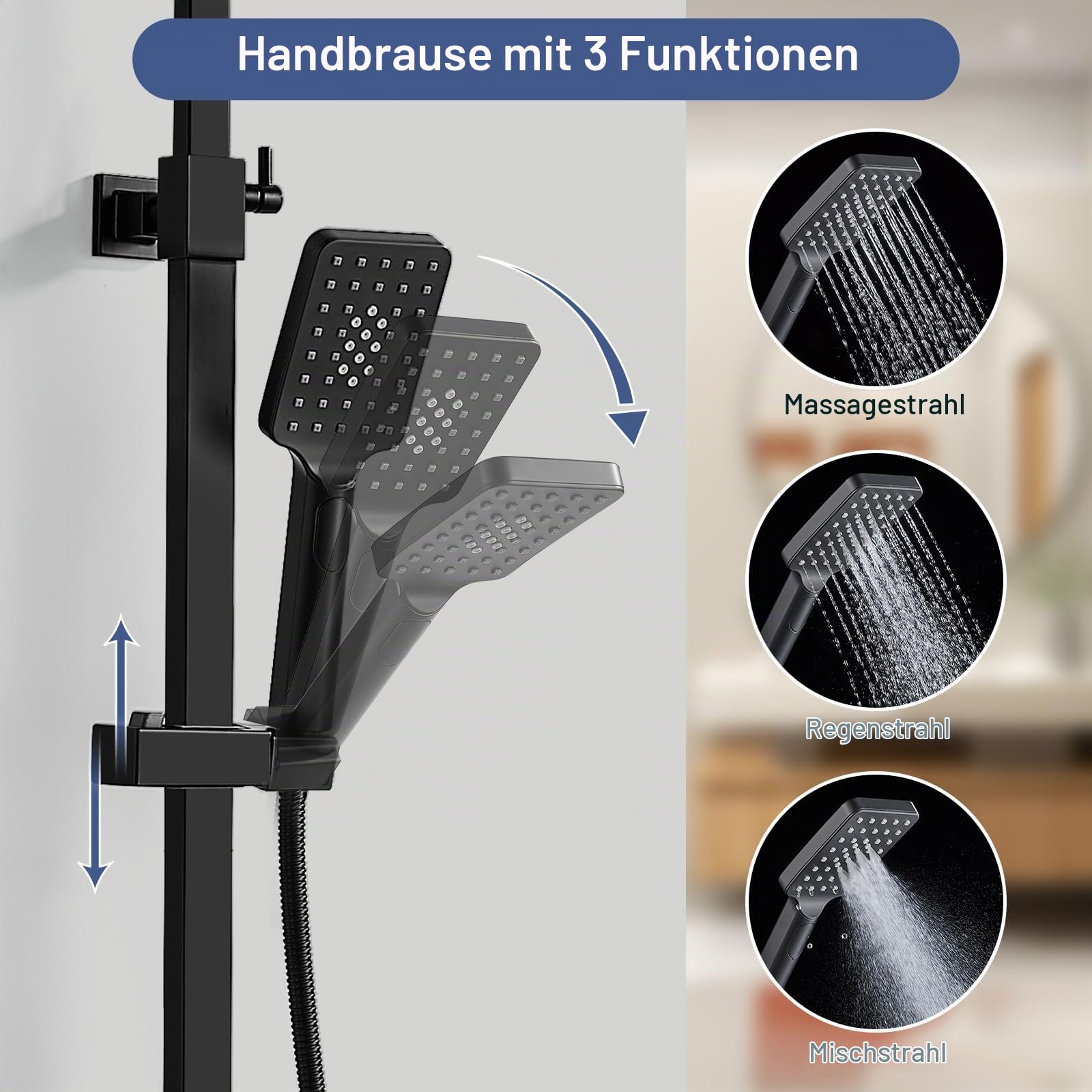 Duschsystem mit Thermostat Schwarz, Bevankly Duschset 30x30cm Regendusche