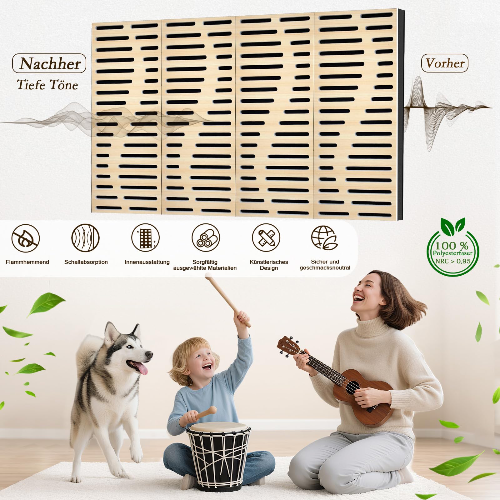 JBER 4Stück Akustikschaumstoff Platten, Wand Schalldämmung Akustikpaneele Selbstklebend, Perforiert Dreilagig Dekorative UV-Bedruckte Holzimitat-Faserplatte für Tonstudio, 60×30×4.5cm, Reguläre Linien