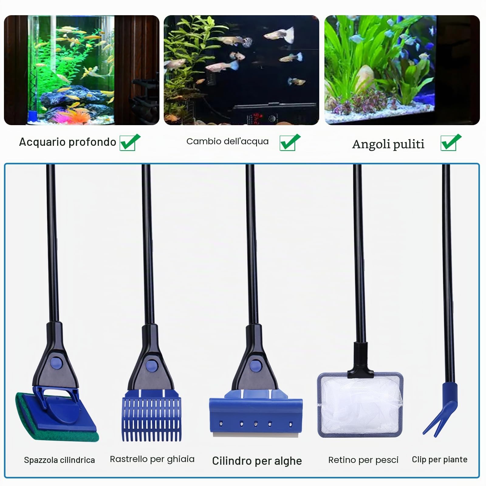 Set di pulizia per acquario, 5 in 1: accessori per acquario, cambio acqua, sifone e 5 strumenti di pulizia rimovibili, set di pulizia per acquario, strumenti di pulizia per il cambio dell'acqua e la