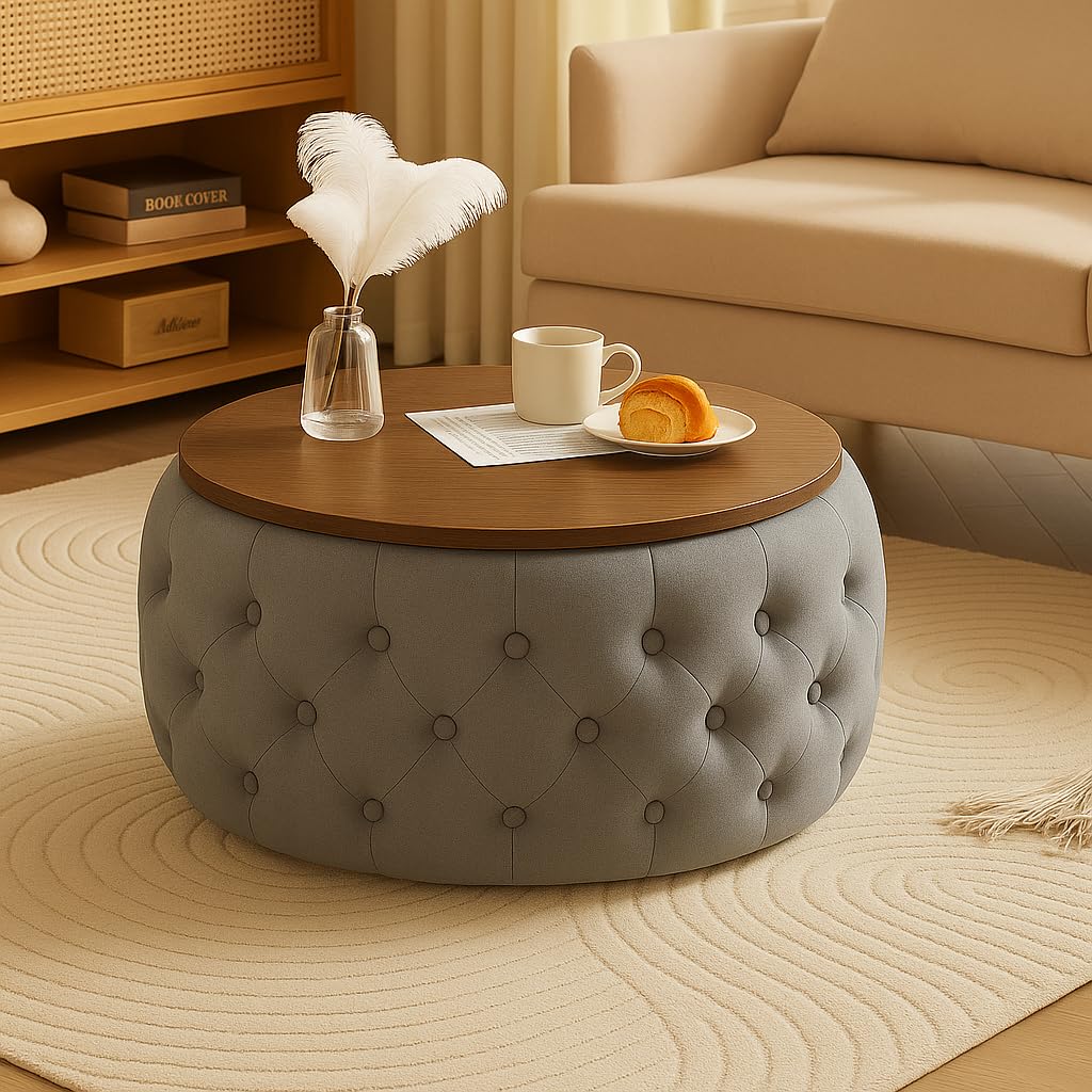 Elegent Round Coffee Table with Wooden Top, Storage Ottoman Tables for Living Room, Centre Tables, Tea Tables, Farmhouse, Wood Drum Coffee Table,Farmhouse, Wood Drum Table (Grey)-image-2