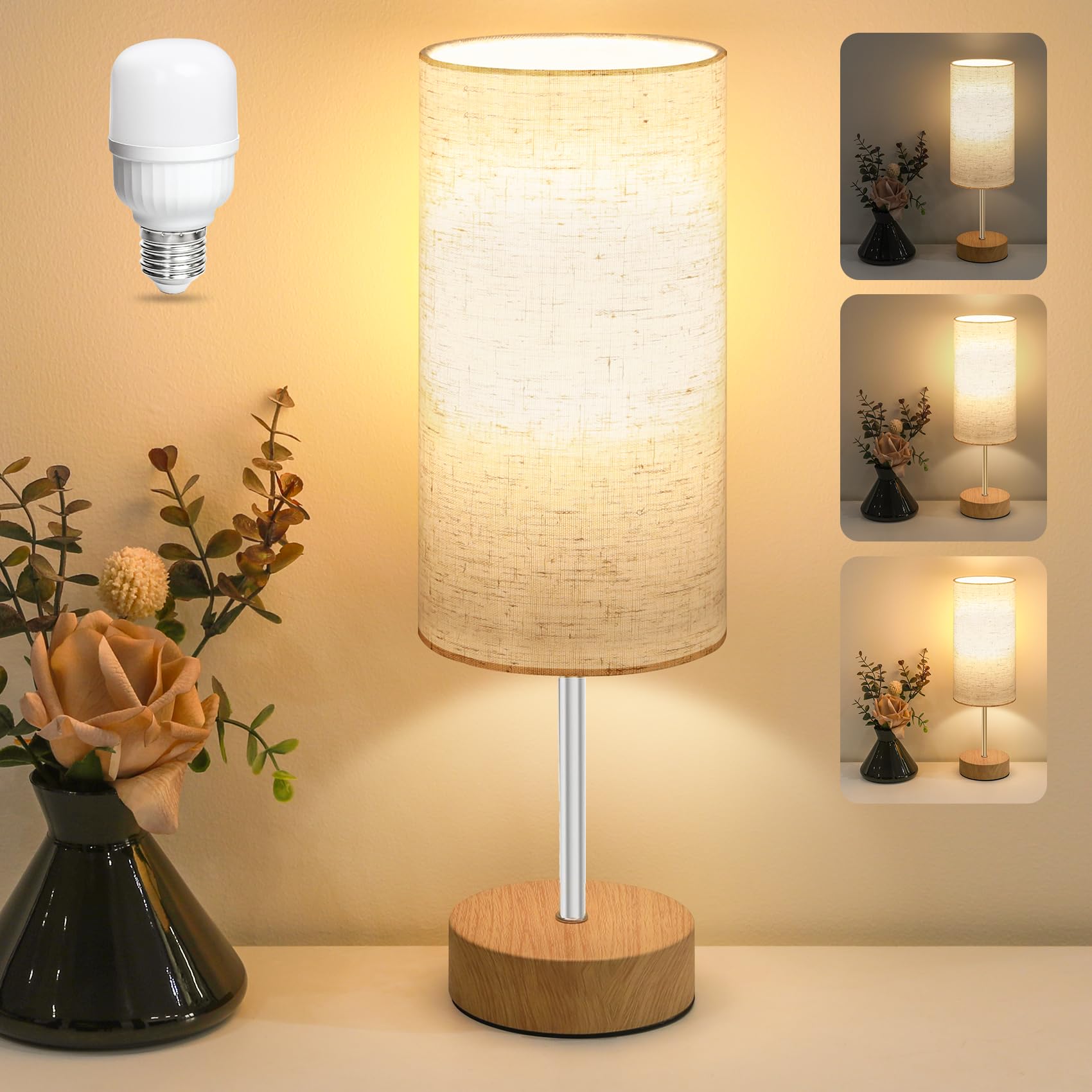 Aomeya Bedside Lamps, Table Lamp for Living Room Bedroom, Touch Control Table Lamp, Dimmable Small Lamp with Fabric Shade for Kids Room, Study, Dorm, Office(Bulb Included) (1, Wood)