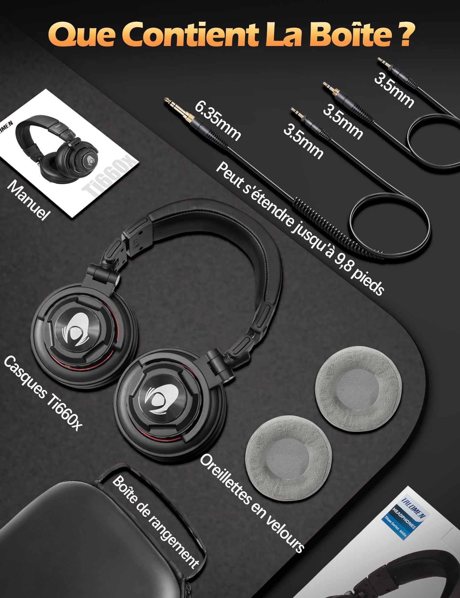 talomen Ti660x Casque Filaire Audio Over Ear，Coussinets remplaçables, Gamme de fréquences 10Hz à 40kHz, pour Le mixage, Le Mastering et l'édition, idéal pour l'enregistrement et Le mixage en Studio