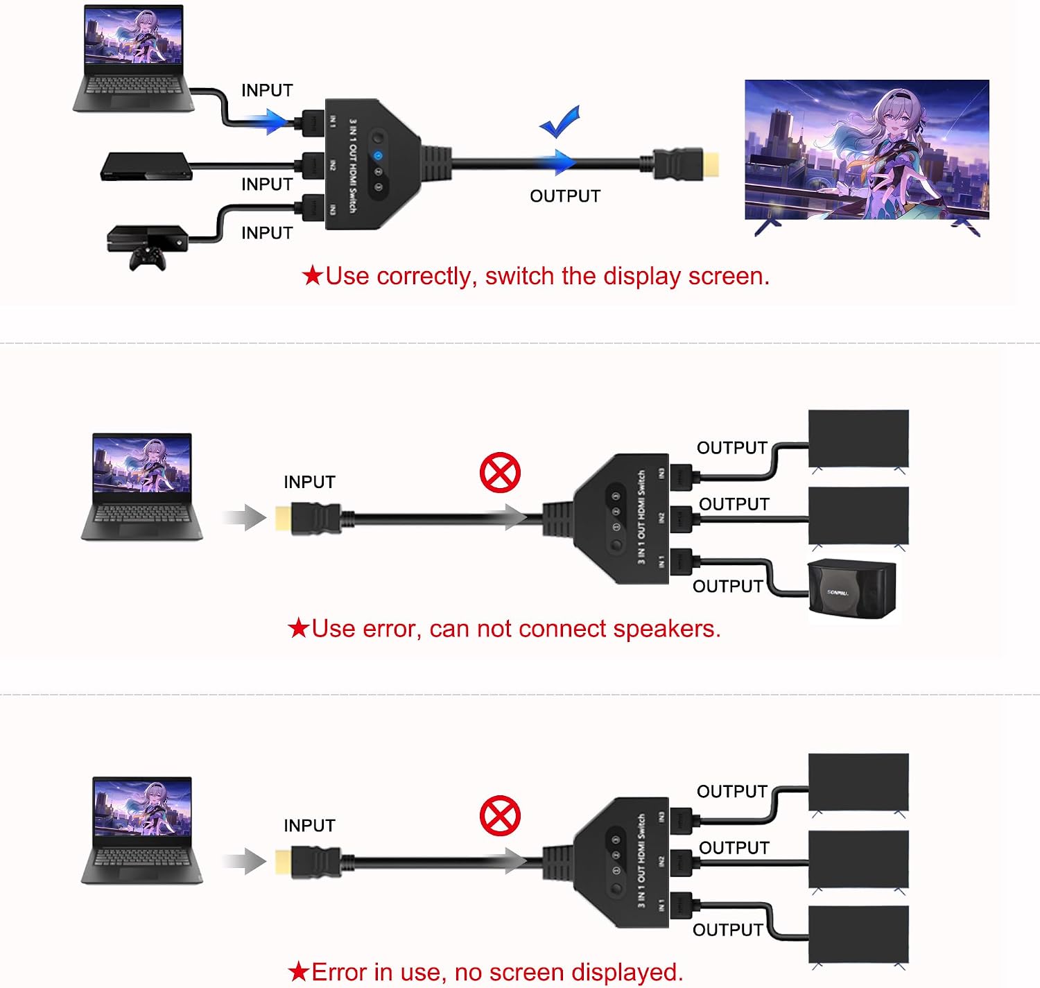 HDMI Switch 3 in1 Out Selector, 4K@30Hz, 3 Port HDMI Switcher Box for 3 Devices, HDMI Hub Adapter Supports Full HD 1080P 3D, Compatible with HDTV Monitor Projector PS5/PS4 Xbox Fire Stick Roku Laptop