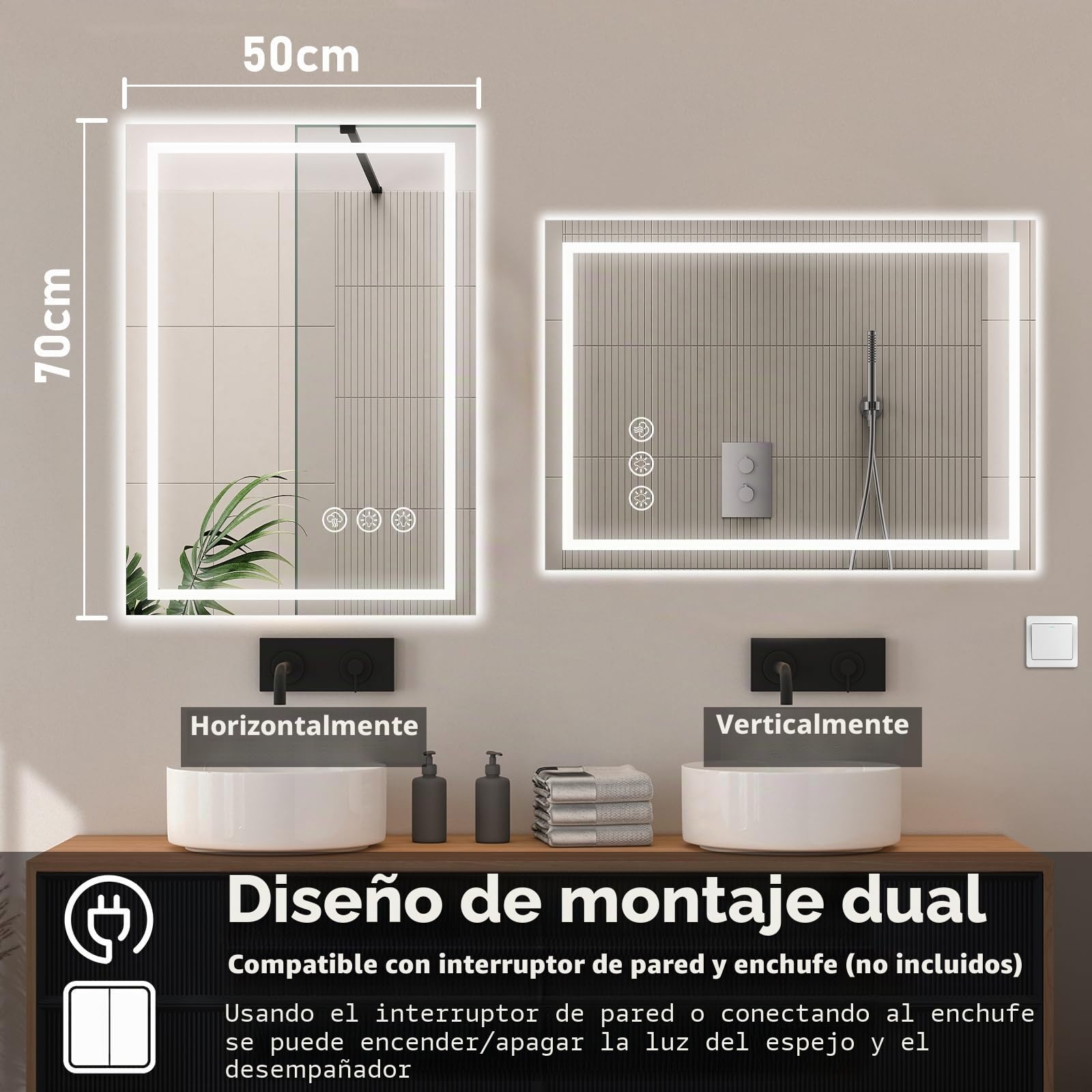 Espejo Baño con Luz 50x70cm LED Antivaho Regulable 3 Colores Luz Función Memoria