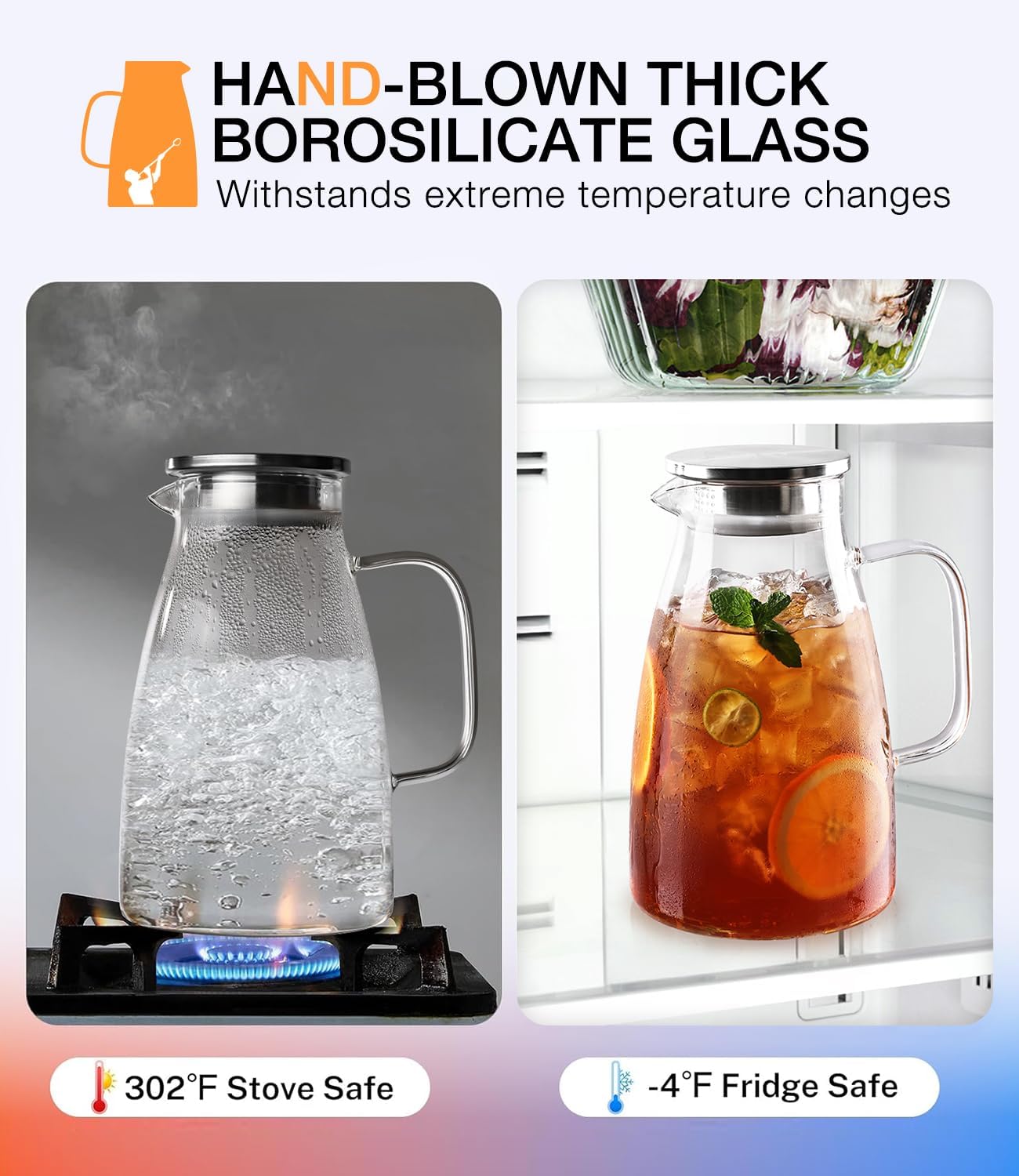 Glass Pitcher with Lid, 2 Liter 68oz Water Pitcher with Handle and Spout for Fridge, Borosilicate Glass for Iced Tea, Juice, Sangria, Cold/Hot Beverage, Large Jug - Image 5