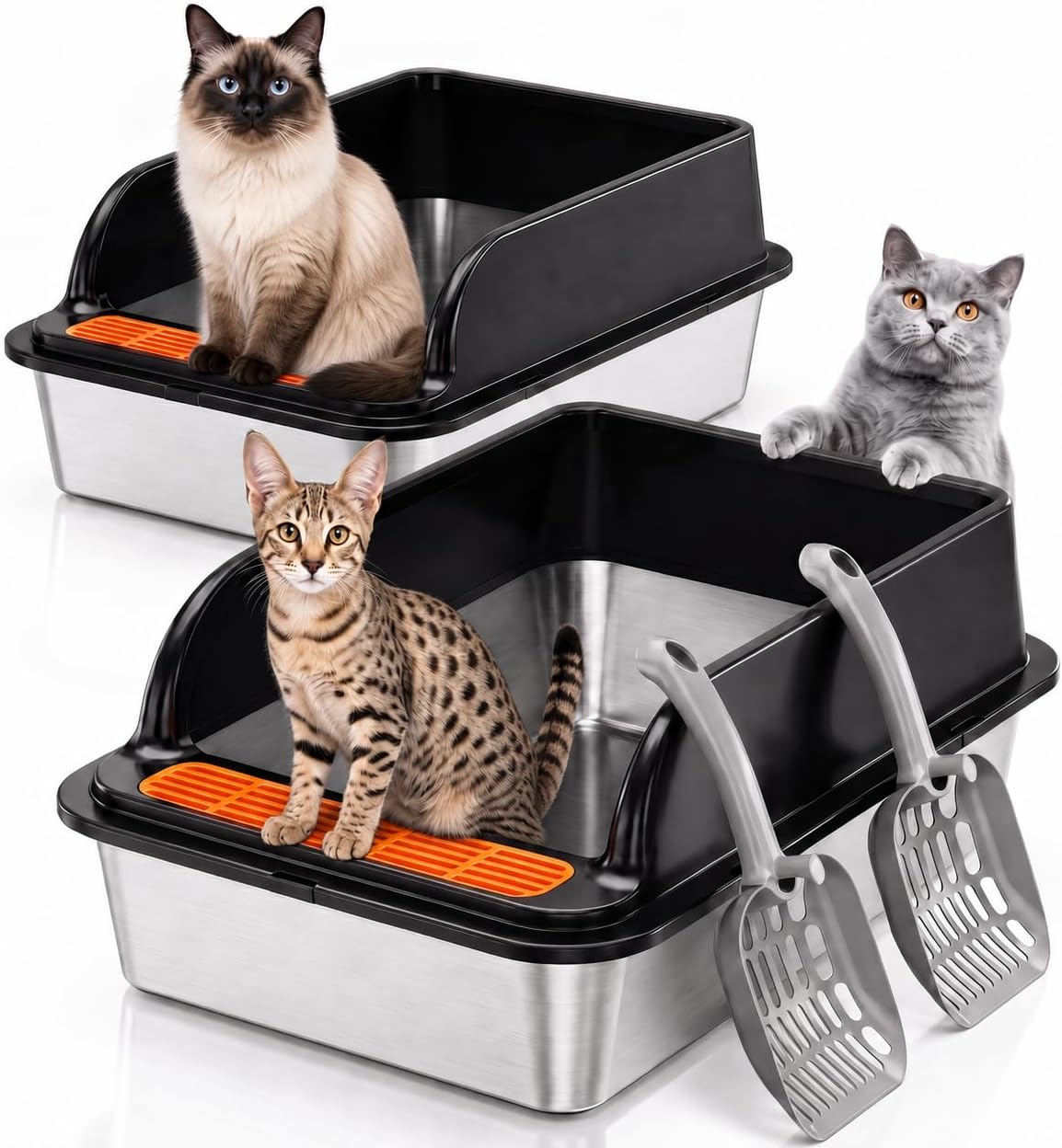 Jotesnew 2 Pack Stainless Steel Small Cat Litter Box, Odor Free High-Sided Metal Litter Box, Open Top Low Entry Litter Pan Design, Anti-Urine Leakage, Non-Stick, Easy to Clean, Scoop Included, Black