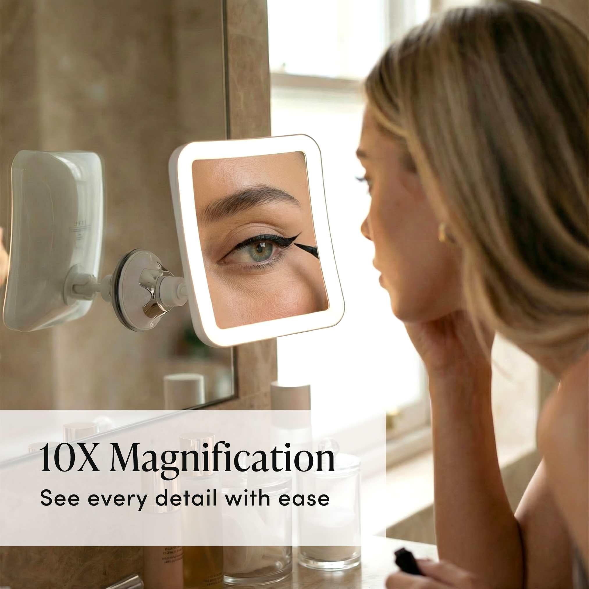Fancii 10x Specchio ingranditore per Trucco con Luce LED e Ventosa Potente - Specchio cosmetico da Viaggio Illuminato - Specchio da Bagno Portatile, Mira (10X)
