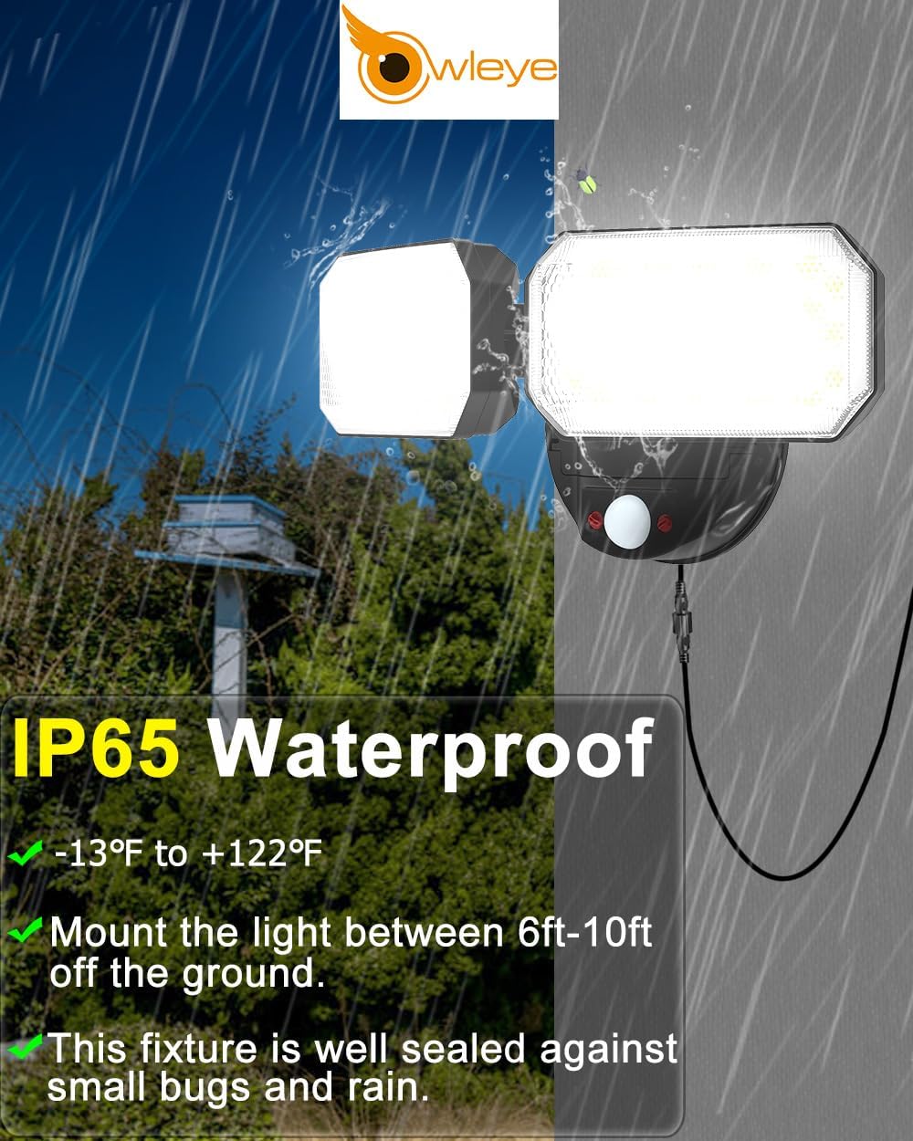 Owleye 2500LM LED Solar Flood Lights Outdoor with Motion, IP65 Waterproof Security Light with 2 Adjustable Head, 3600mAh 3.2V Battery Powered, Separate Solar Panel Lights for Yard, Garage