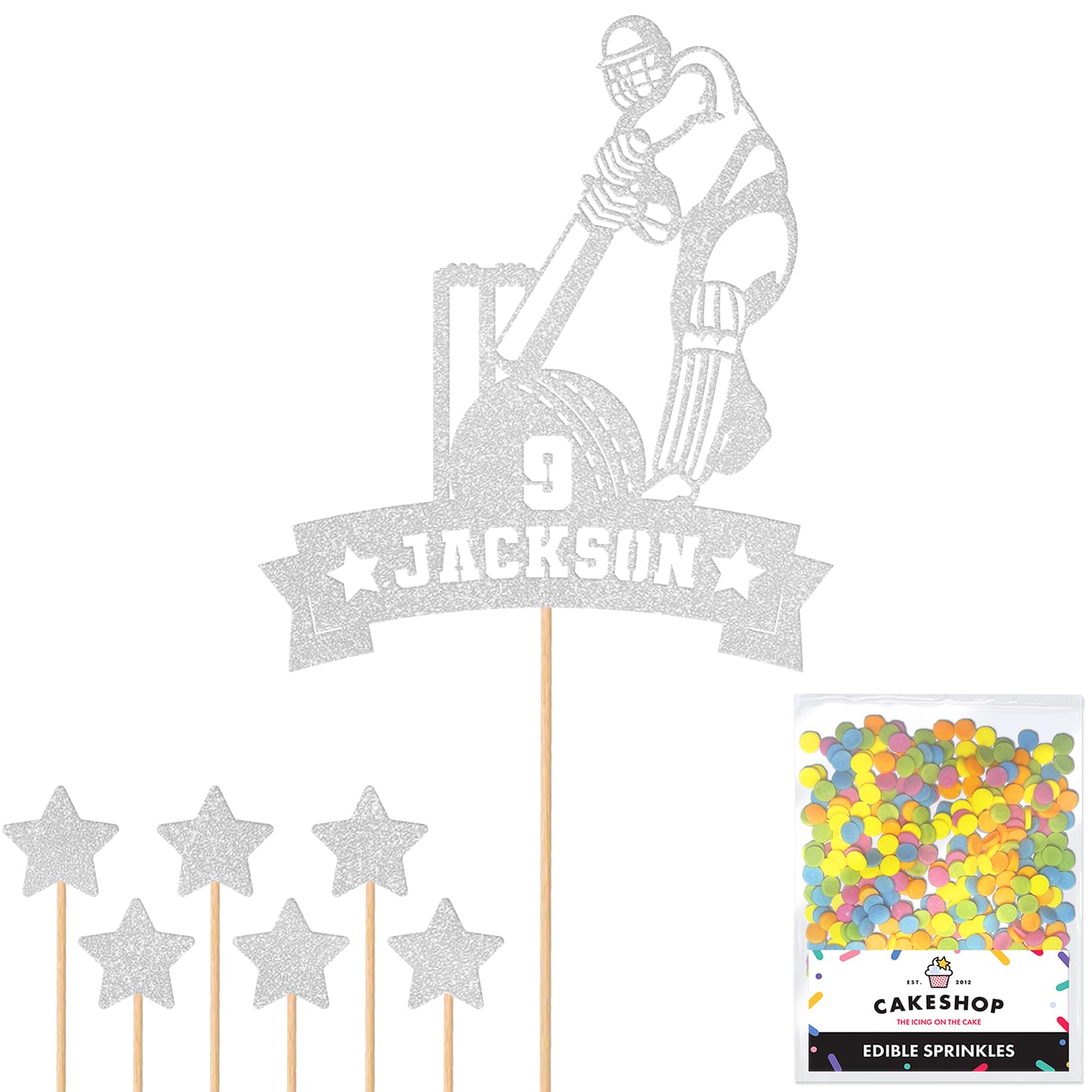 Personalised Cricket Wicket and Bat Glitter Cake Topper Silver Any Custom Age & Name Glitter Cake Decoration and Sprinkles - Happy Birthday Decorations - Personalised Toppers for Cakes by Cakeshop